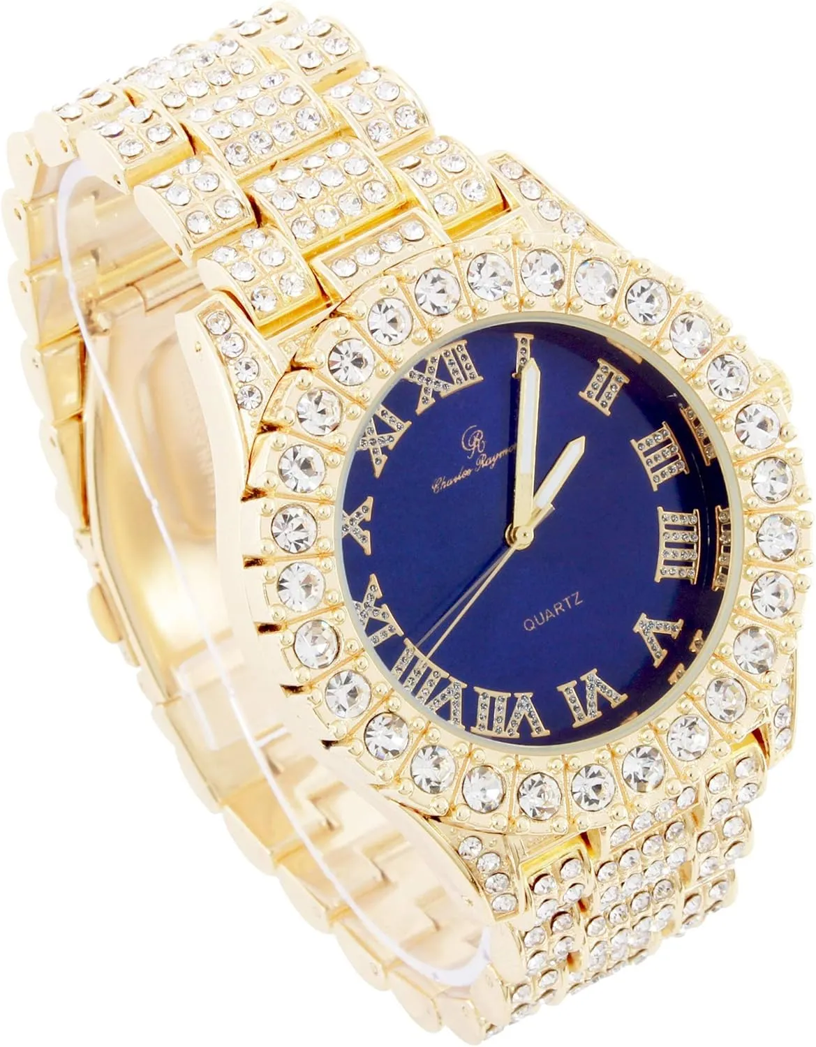 Mens Big Rocks Bezel - Dial with Roman Numerals Fully Iced Out Watch w/Cuban Chain Bracelet & Ring - ST10327 3pc Set