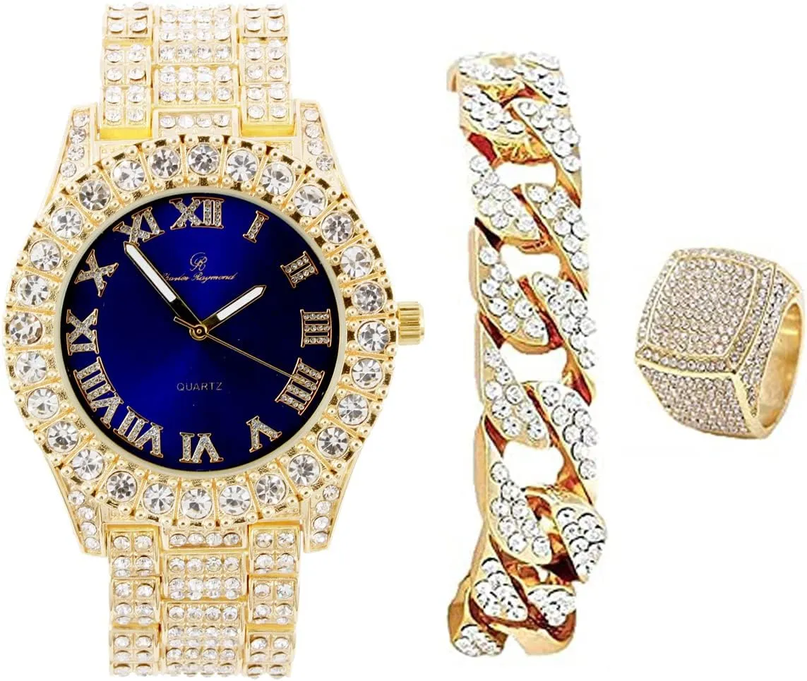 Mens Big Rocks Bezel - Dial with Roman Numerals Fully Iced Out Watch w/Cuban Chain Bracelet & Ring - ST10327 3pc Set