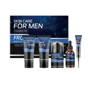 Mens Skin Care Kit, Gentle Cleansing Balance oil Cleanser, Exfoliating Soothing Facial Scrub, Anti-aging Moisturizer, Anti-Wrinkle Serum, Eye Cream, Gift for Men