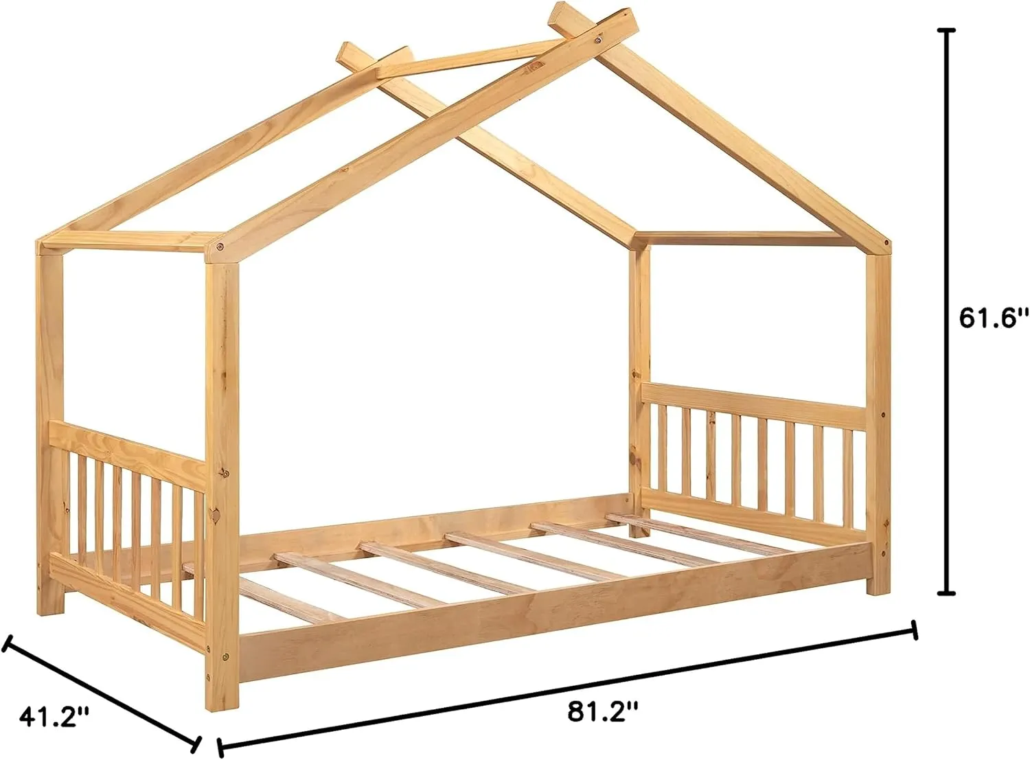 Merax Twin Size Wood House Bed with Roof, Headboard and Footboard, No Box Spring Needed, Natural