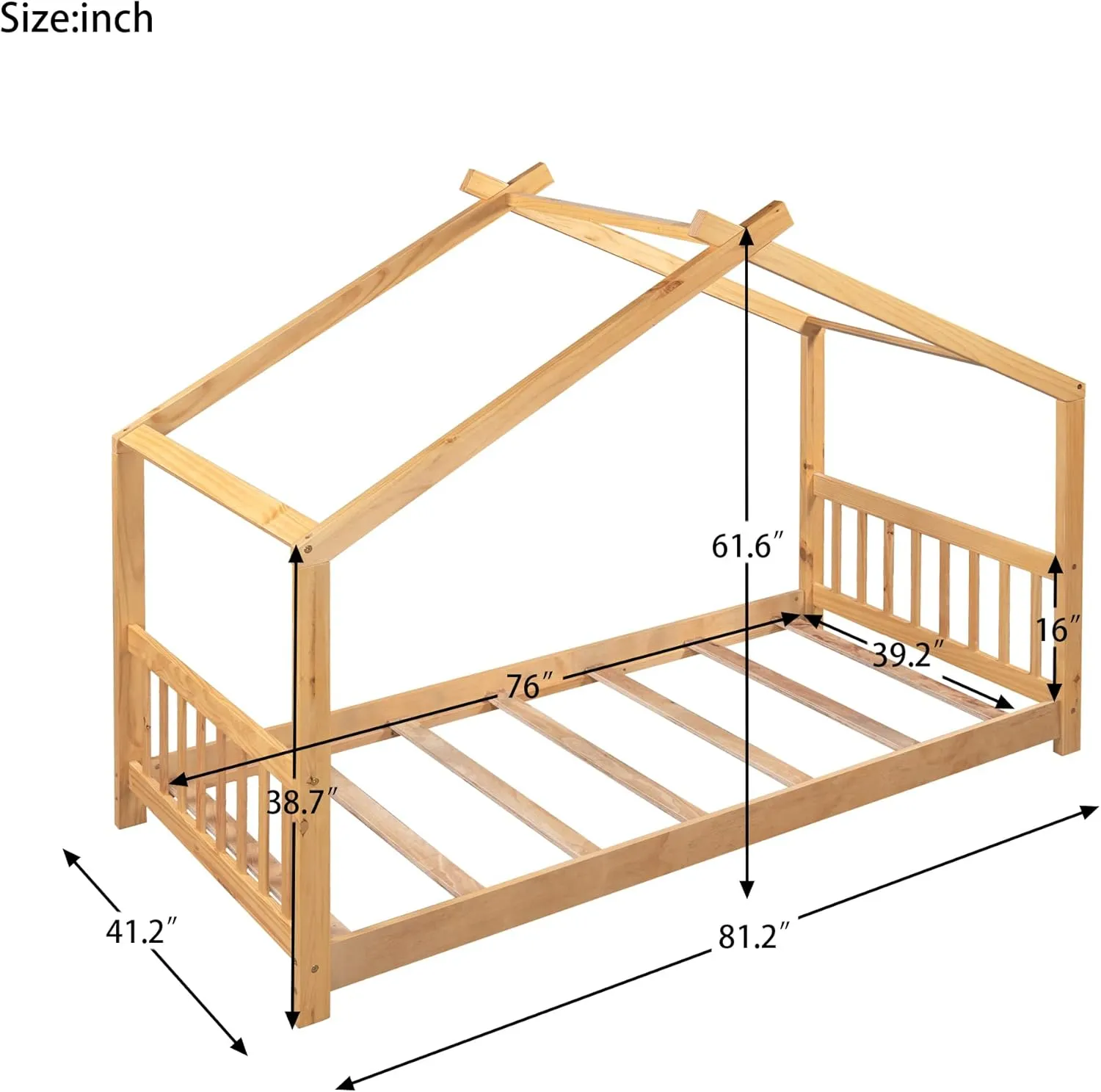 Merax Twin Size Wood House Bed with Roof, Headboard and Footboard, No Box Spring Needed, Natural
