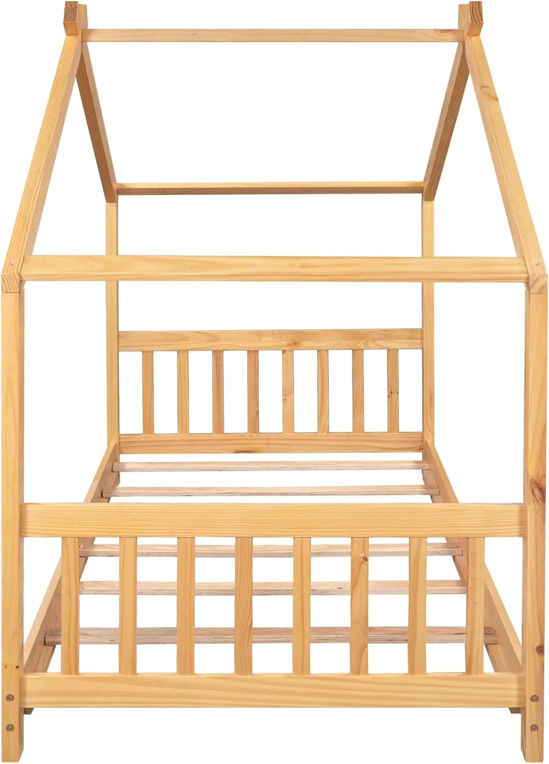 Merax Twin Size Wood House Bed with Roof, Headboard and Footboard, No Box Spring Needed, Natural