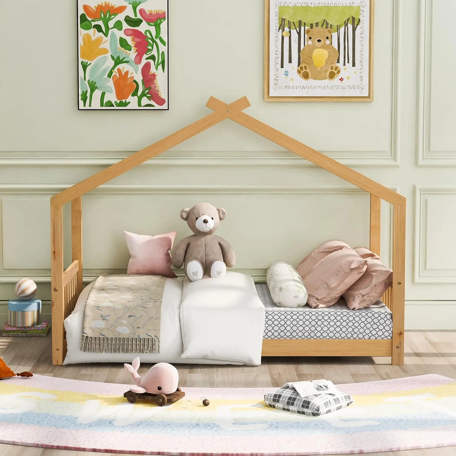 Merax Twin Size Wood House Bed with Roof, Headboard and Footboard, No Box Spring Needed, Natural