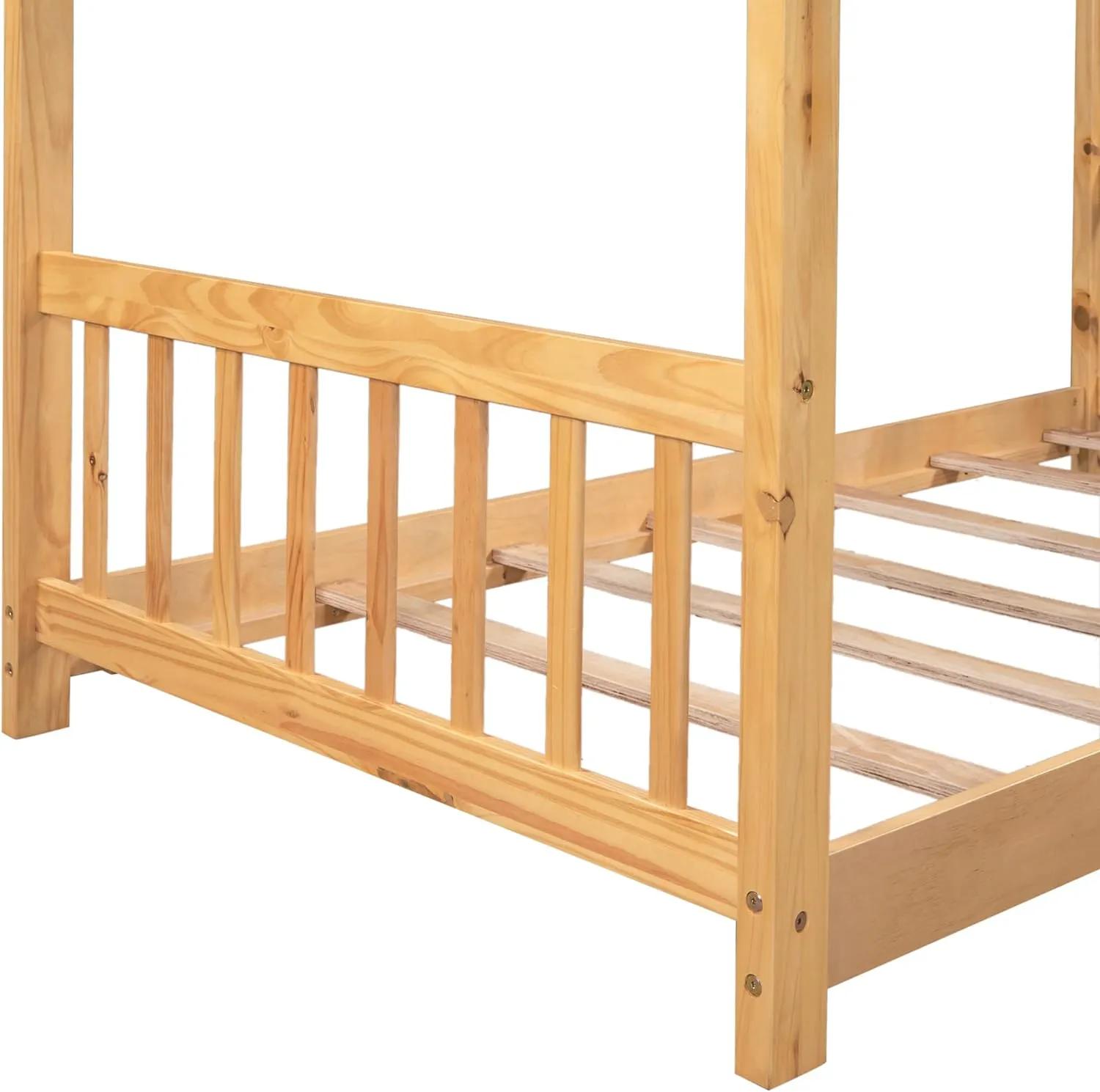 Merax Twin Size Wood House Bed with Roof, Headboard and Footboard, No Box Spring Needed, Natural