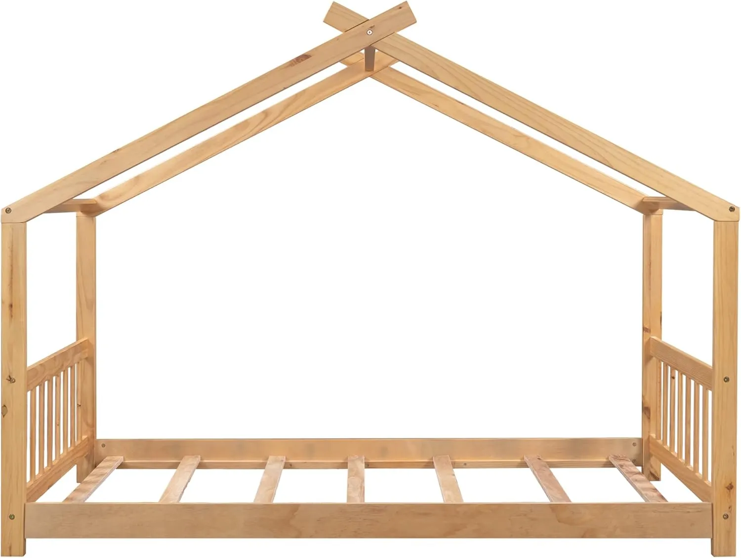 Merax Twin Size Wood House Bed with Roof, Headboard and Footboard, No Box Spring Needed, Natural