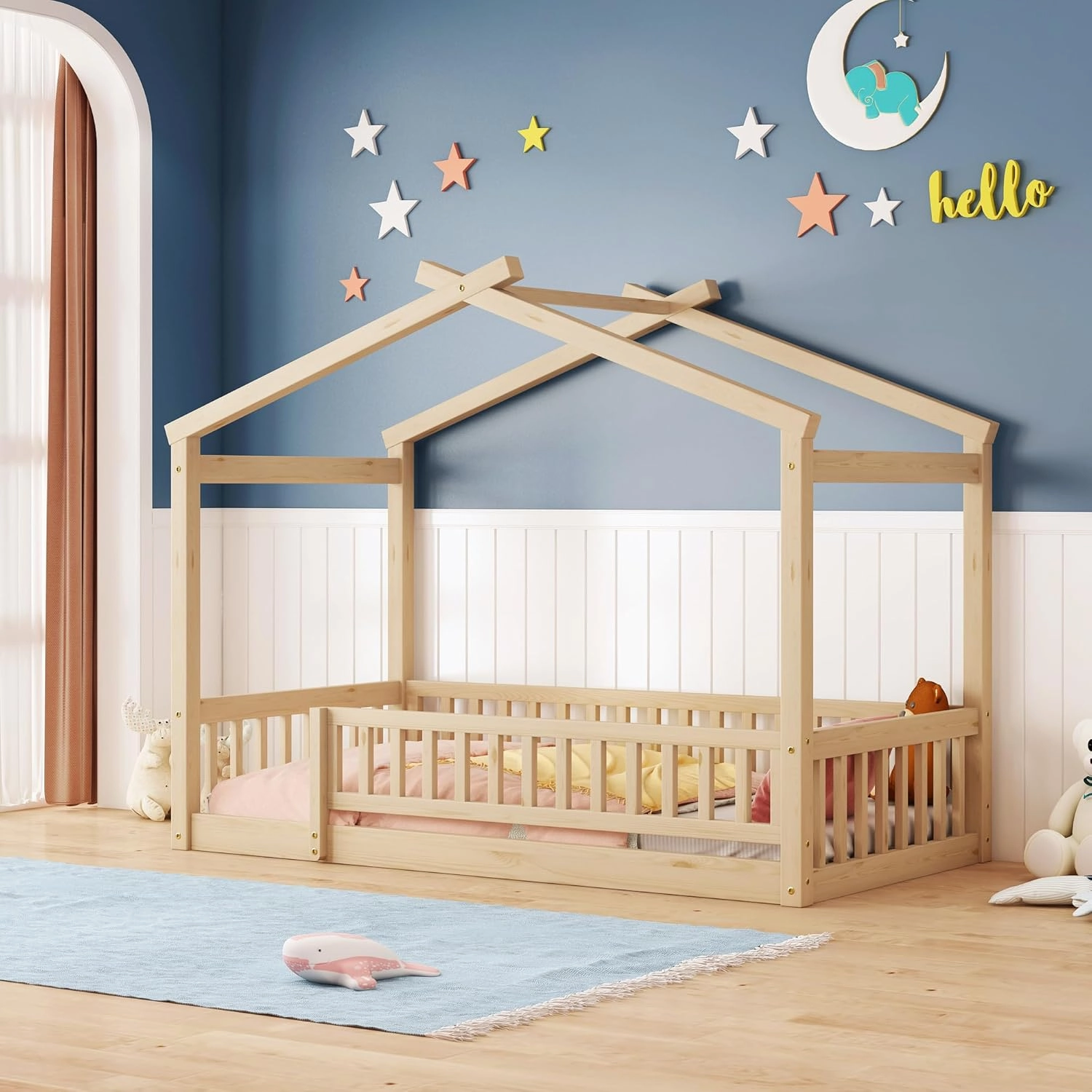 Merax Twin Size Wooden House Bed with Fence, Wood Bed Frame with Roof and Safety Guardrail for Kids, Teens, Boys or Girls, Natural