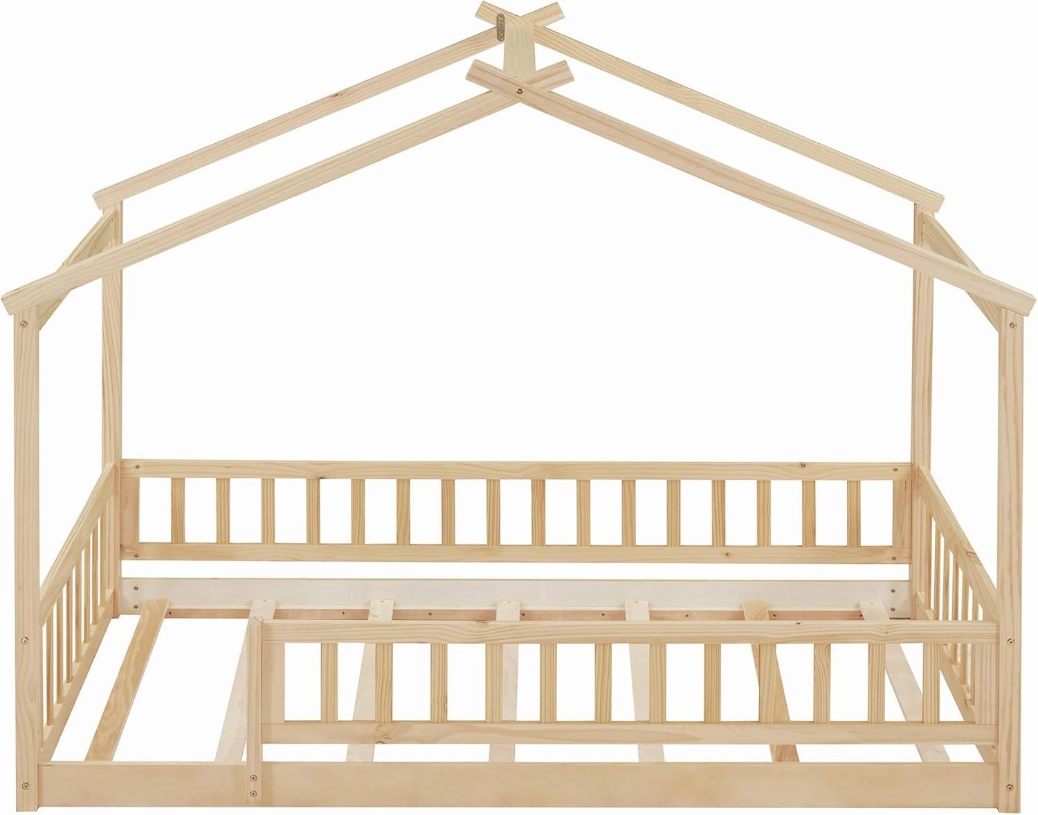 Merax Twin Size Wooden House Bed with Fence, Wood Bed Frame with Roof and Safety Guardrail for Kids, Teens, Boys or Girls, Natural