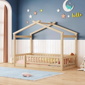 Merax Twin Size Wooden House Bed with Fence, Wood Bed Frame with Roof and Safety Guardrail for Kids, Teens, Boys or Girls, Natural