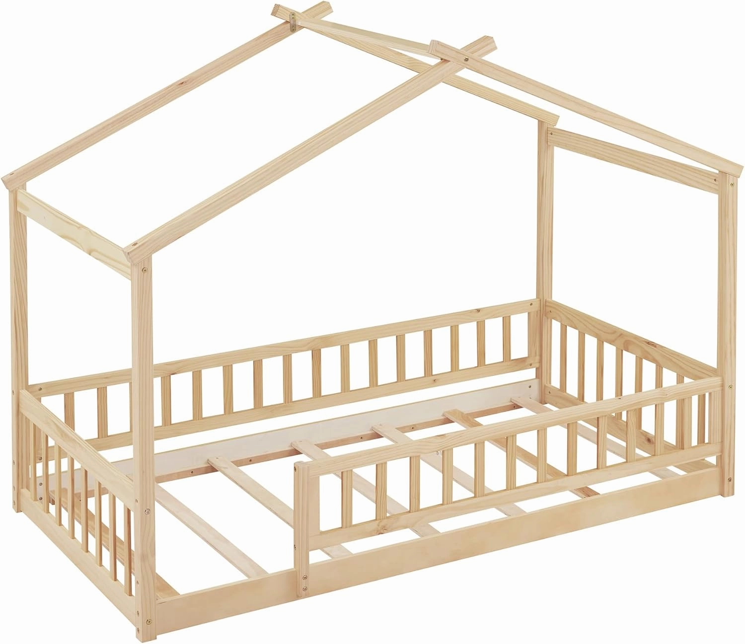 Merax Twin Size Wooden House Bed with Fence, Wood Bed Frame with Roof and Safety Guardrail for Kids, Teens, Boys or Girls, Natural