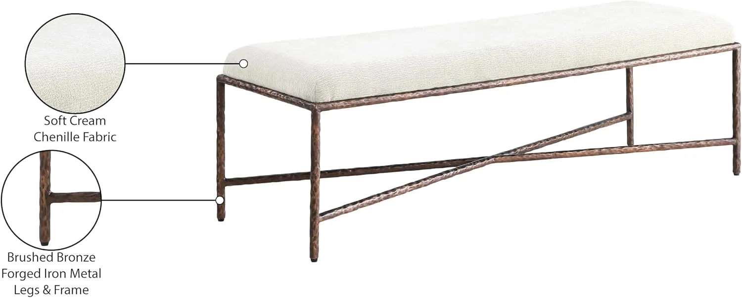 Meridian Furniture 22066Cream Valley Collection Modern | Contemporary Bench with Soft Cream Chenille Fabric, Brushed Bronze Forged Iron Metal Legs and Frame, 54" W x 18" D x 18" H, Cream