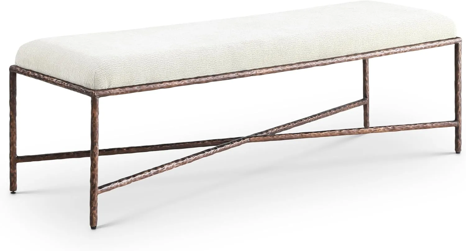 Meridian Furniture 22066Cream Valley Collection Modern | Contemporary Bench with Soft Cream Chenille Fabric, Brushed Bronze Forged Iron Metal Legs and Frame, 54" W x 18" D x 18" H, Cream
