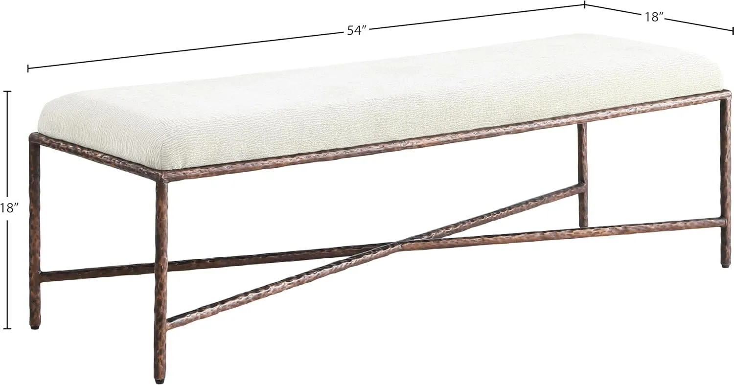 Meridian Furniture 22066Cream Valley Collection Modern | Contemporary Bench with Soft Cream Chenille Fabric, Brushed Bronze Forged Iron Metal Legs and Frame, 54" W x 18" D x 18" H, Cream