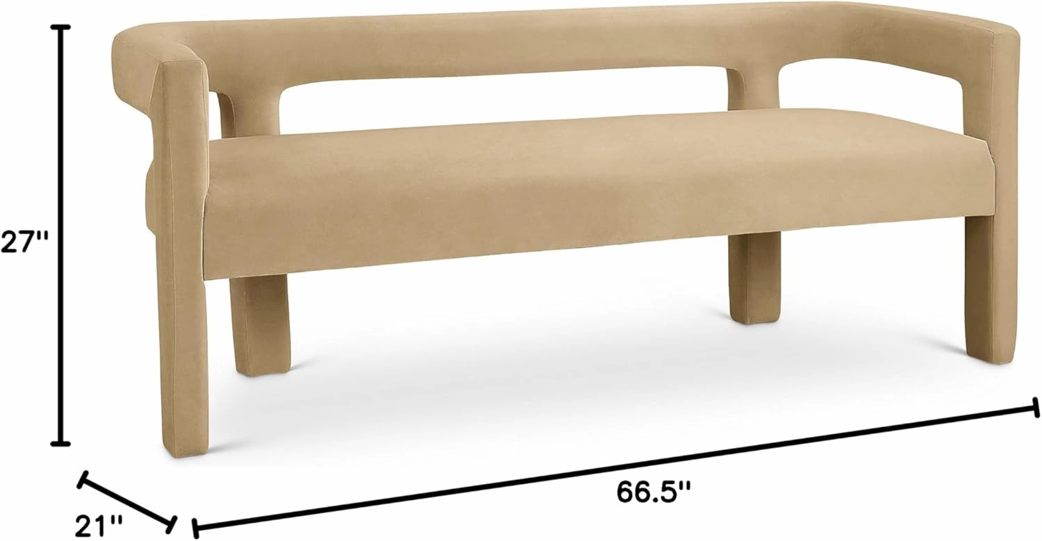 Meridian Furniture 892Camel Athena Collection Modern | Contemporary Velvet Upholstered Bench with Soft Camel Velvet, 66.5" W x 21" D x 27" H, Camel