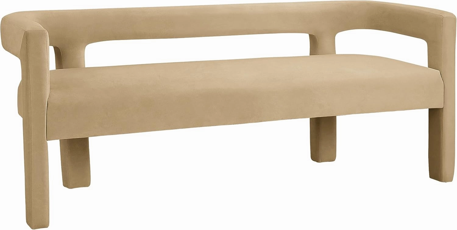 Meridian Furniture 892Camel Athena Collection Modern | Contemporary Velvet Upholstered Bench with Soft Camel Velvet, 66.5" W x 21" D x 27" H, Camel