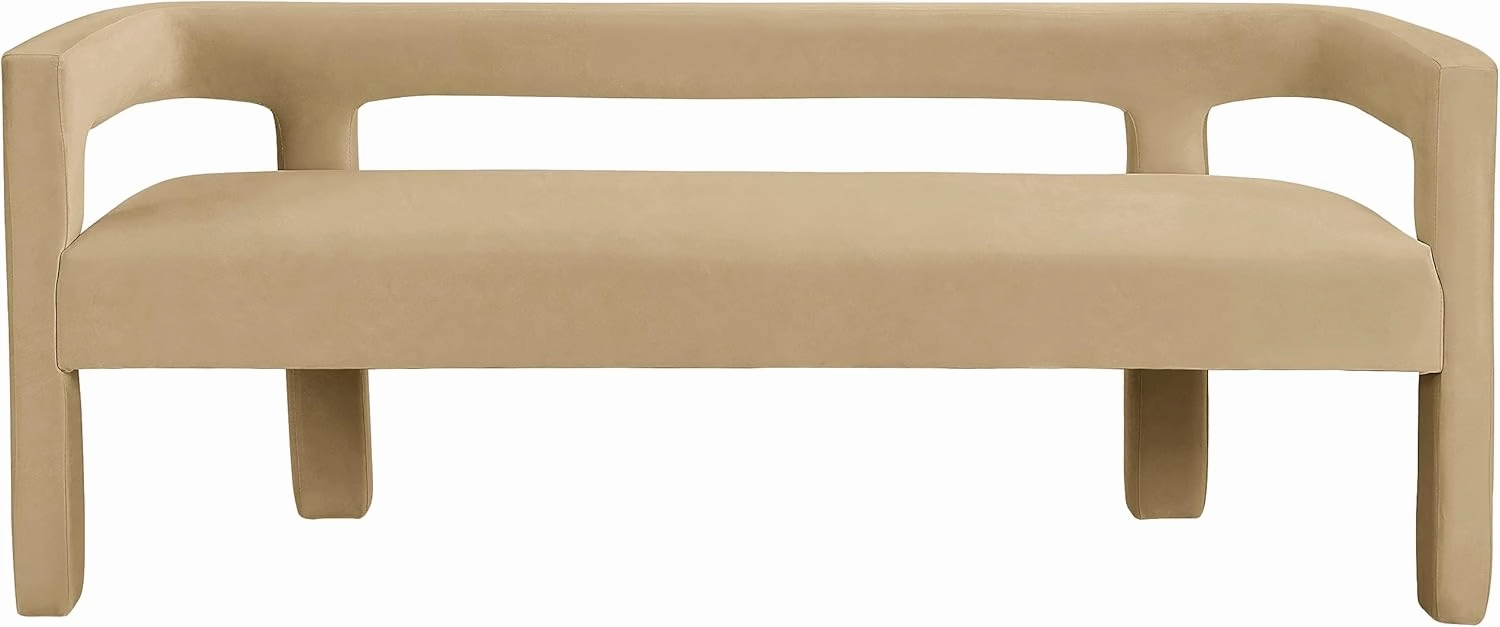 Meridian Furniture 892Camel Athena Collection Modern | Contemporary Velvet Upholstered Bench with Soft Camel Velvet, 66.5" W x 21" D x 27" H, Camel
