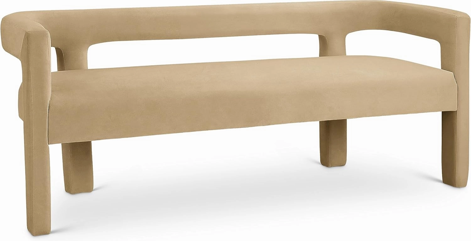Meridian Furniture 892Camel Athena Collection Modern | Contemporary Velvet Upholstered Bench with Soft Camel Velvet, 66.5" W x 21" D x 27" H, Camel