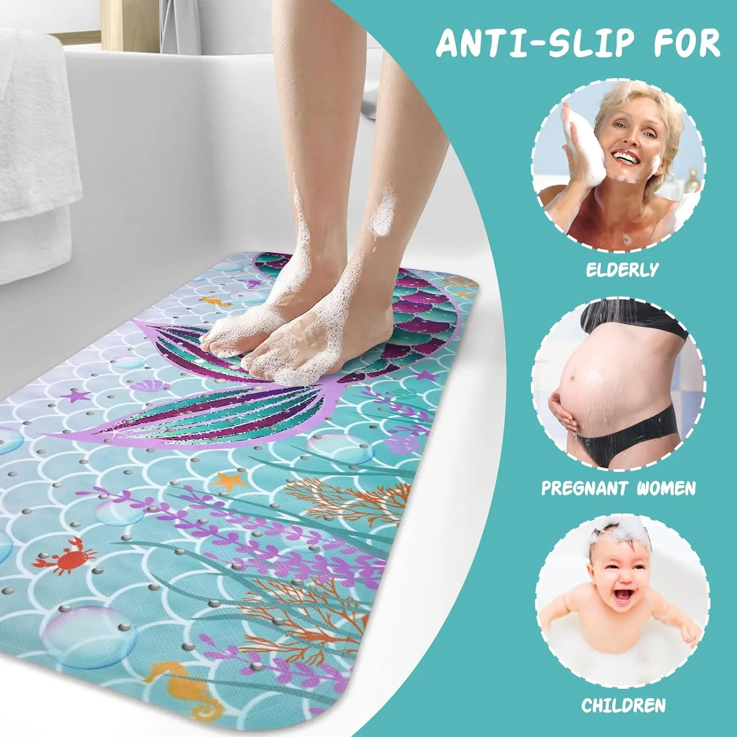 Mermaid Bathtub Mat Non Slip, Cute Baby Bath Mat for Tub Rubber Tub Mat, Kids Bath Mats for Bathroom Little Girls Anti Slip Shower Mat with Suction and Drain Holes Machine Washable, 39.5″X15.8″