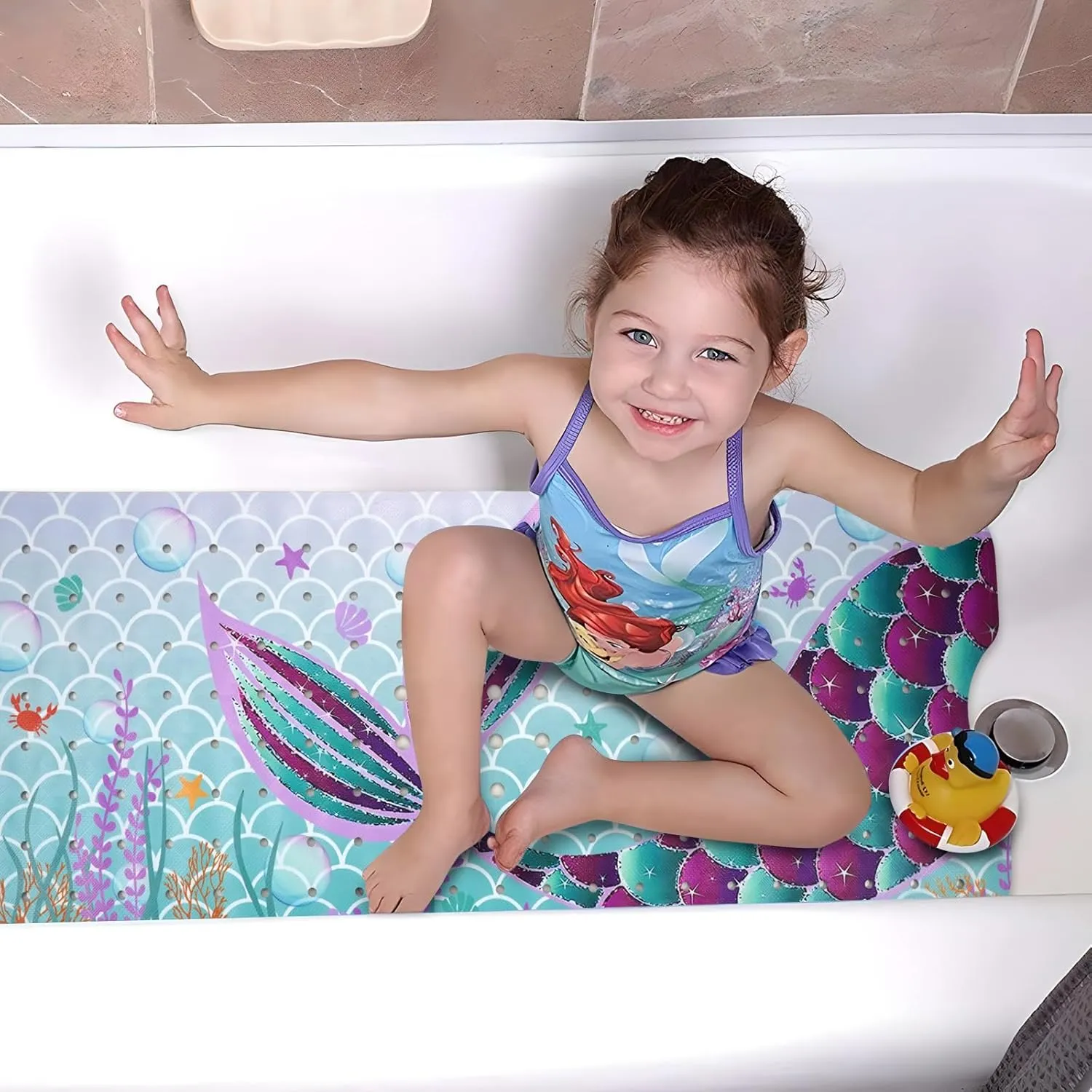 Mermaid Bathtub Mat Non Slip, Cute Baby Bath Mat for Tub Rubber Tub Mat, Kids Bath Mats for Bathroom Little Girls Anti Slip Shower Mat with Suction and Drain Holes Machine Washable, 39.5″X15.8″