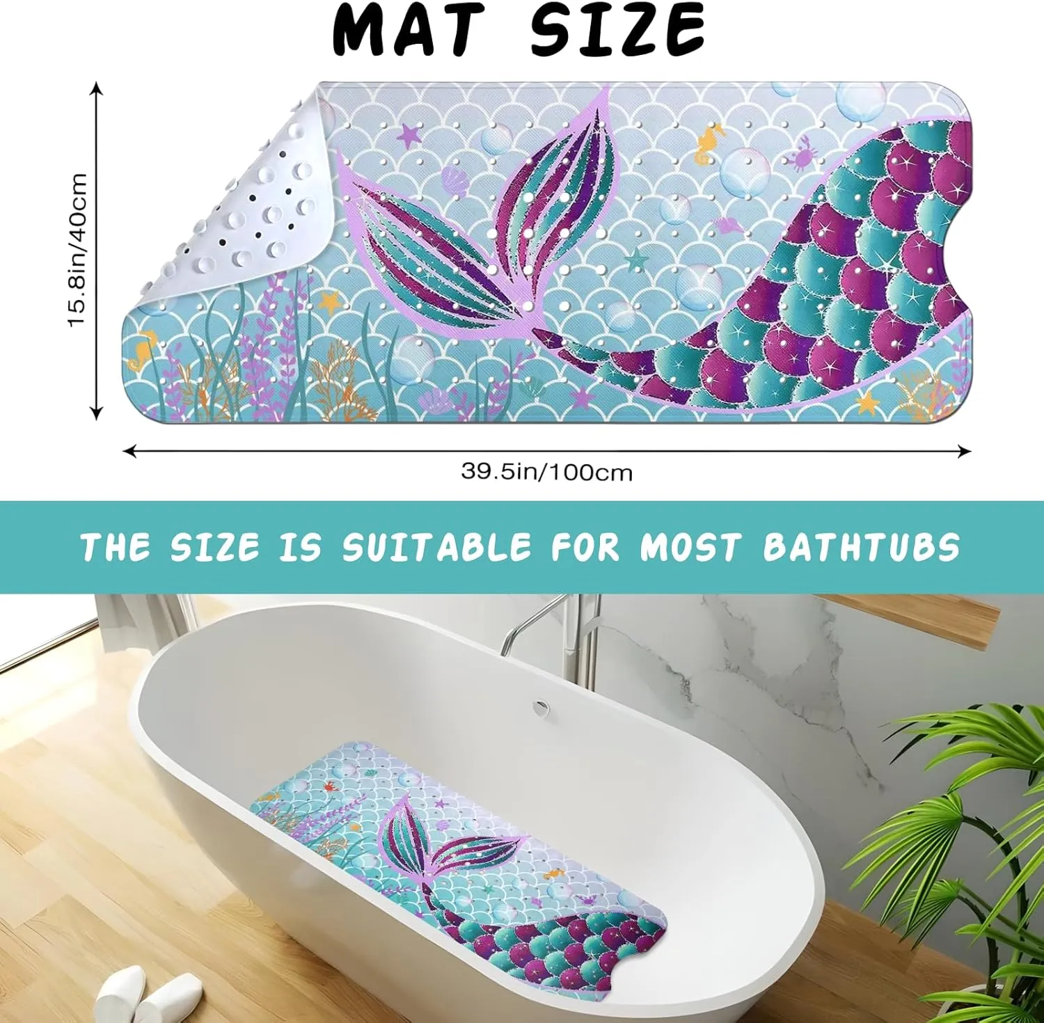 Mermaid Bathtub Mat Non Slip, Cute Baby Bath Mat for Tub Rubber Tub Mat, Kids Bath Mats for Bathroom Little Girls Anti Slip Shower Mat with Suction and Drain Holes Machine Washable, 39.5″X15.8″