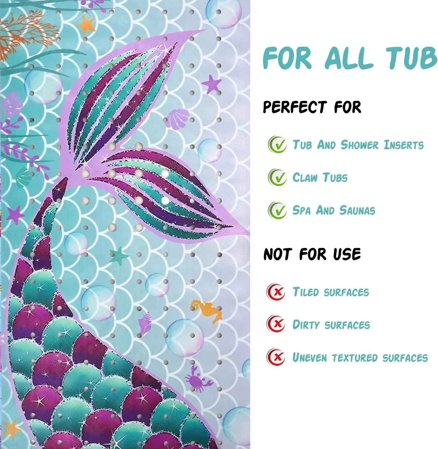 Mermaid Bathtub Mat Non Slip, Cute Baby Bath Mat for Tub Rubber Tub Mat, Kids Bath Mats for Bathroom Little Girls Anti Slip Shower Mat with Suction and Drain Holes Machine Washable, 39.5″X15.8″