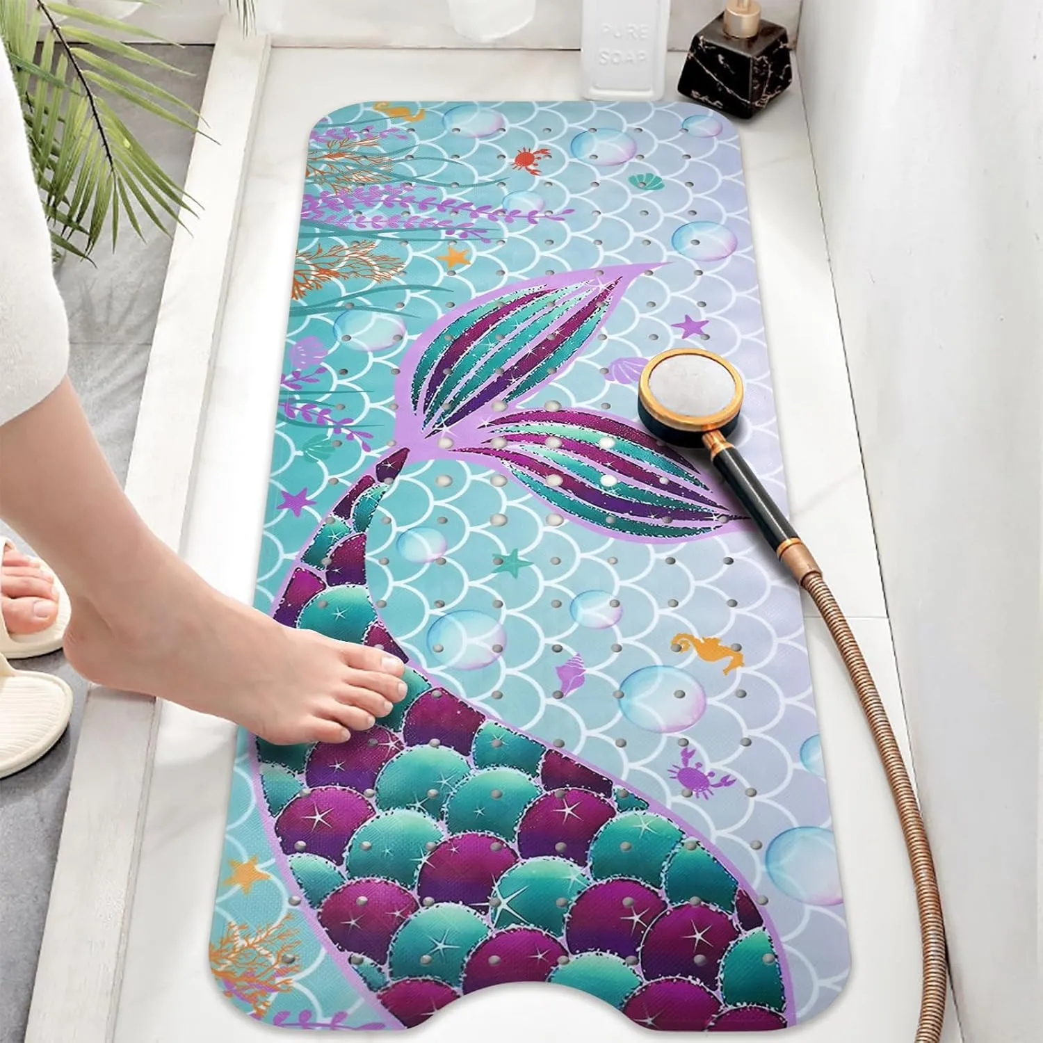 Mermaid Bathtub Mat Non Slip, Cute Baby Bath Mat for Tub Rubber Tub Mat, Kids Bath Mats for Bathroom Little Girls Anti Slip Shower Mat with Suction and Drain Holes Machine Washable, 39.5″X15.8″