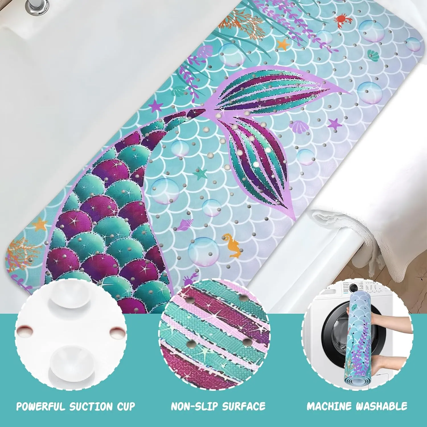Mermaid Bathtub Mat Non Slip, Cute Baby Bath Mat for Tub Rubber Tub Mat, Kids Bath Mats for Bathroom Little Girls Anti Slip Shower Mat with Suction and Drain Holes Machine Washable, 39.5″X15.8″