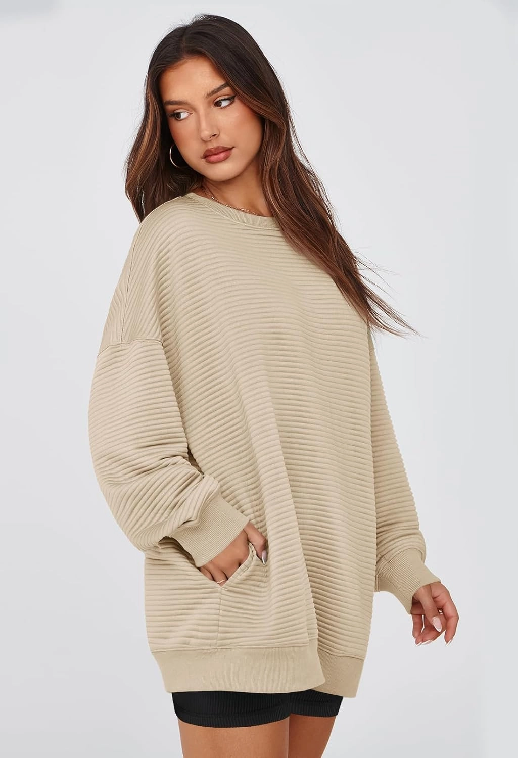 MEROKEETY Oversized Sweatshirt for Women 2024 Fall Long Sleeve Crew Neck Textured Pullover Tops with Pocket
