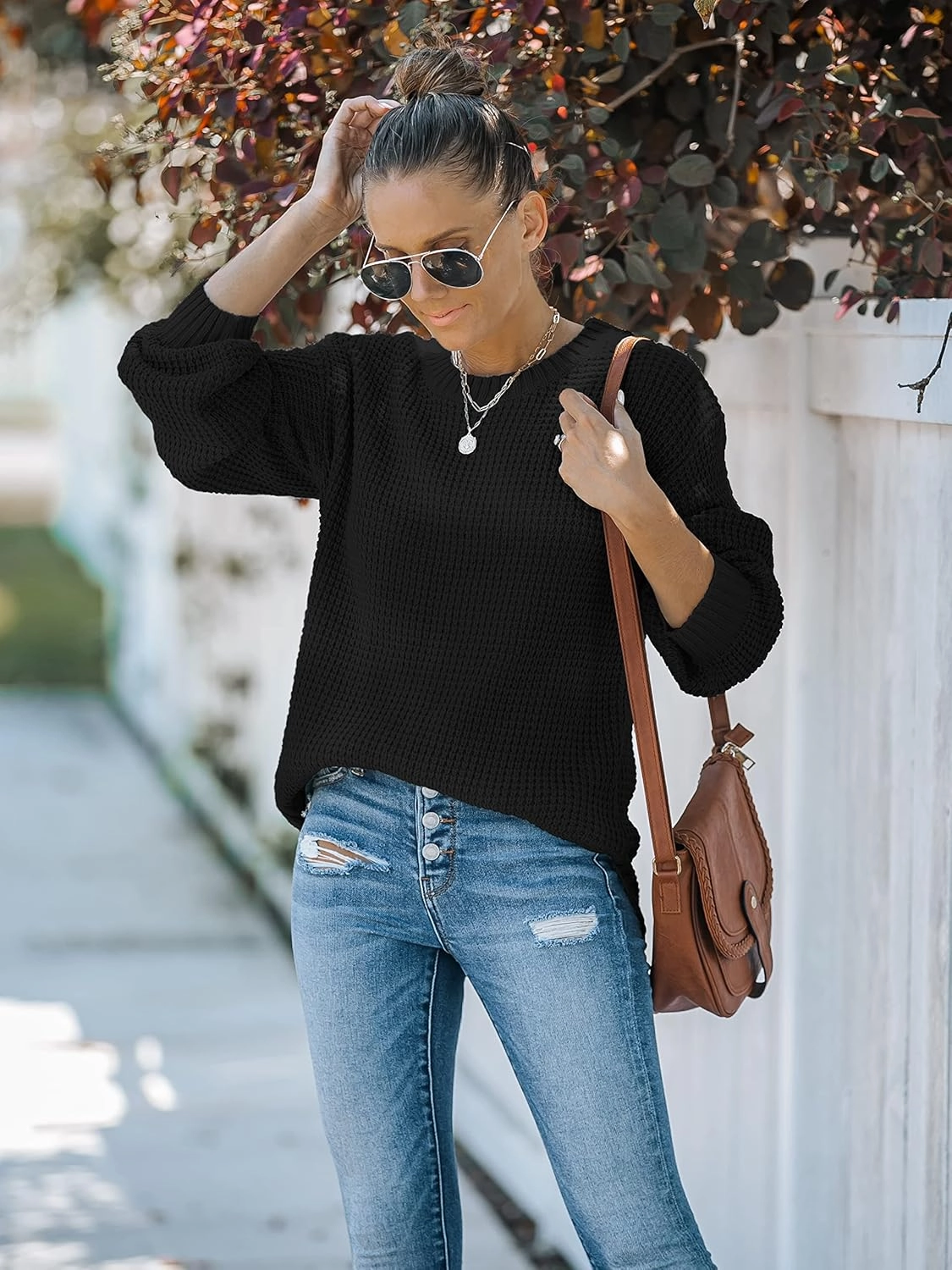 MEROKEETY Women's 2024 Fall Casual Fall Waffle Knit Sweater Long Balloon Sleeve Loose Pullover Jumper