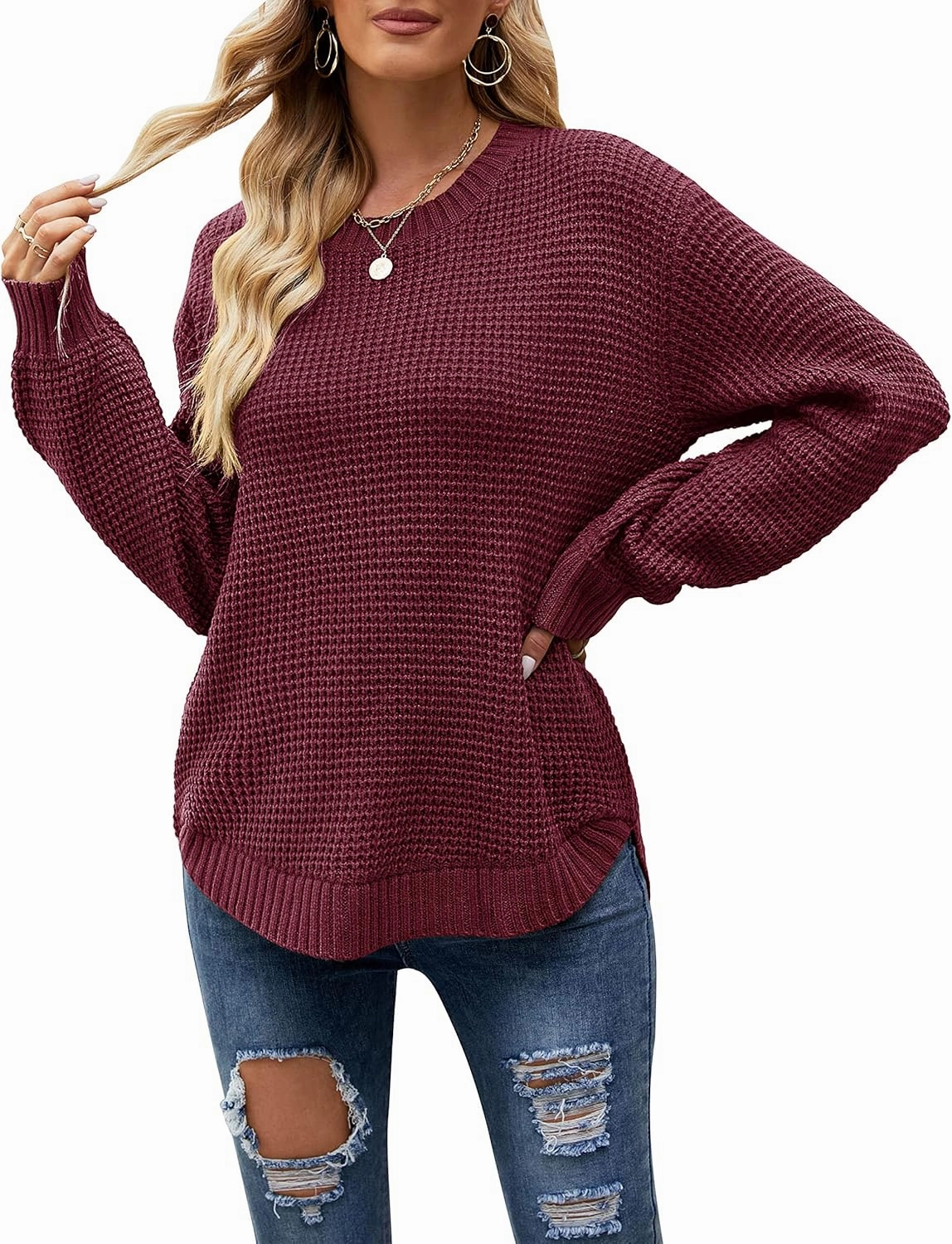 MEROKEETY Women's 2024 Fall Casual Fall Waffle Knit Sweater Long Balloon Sleeve Loose Pullover Jumper