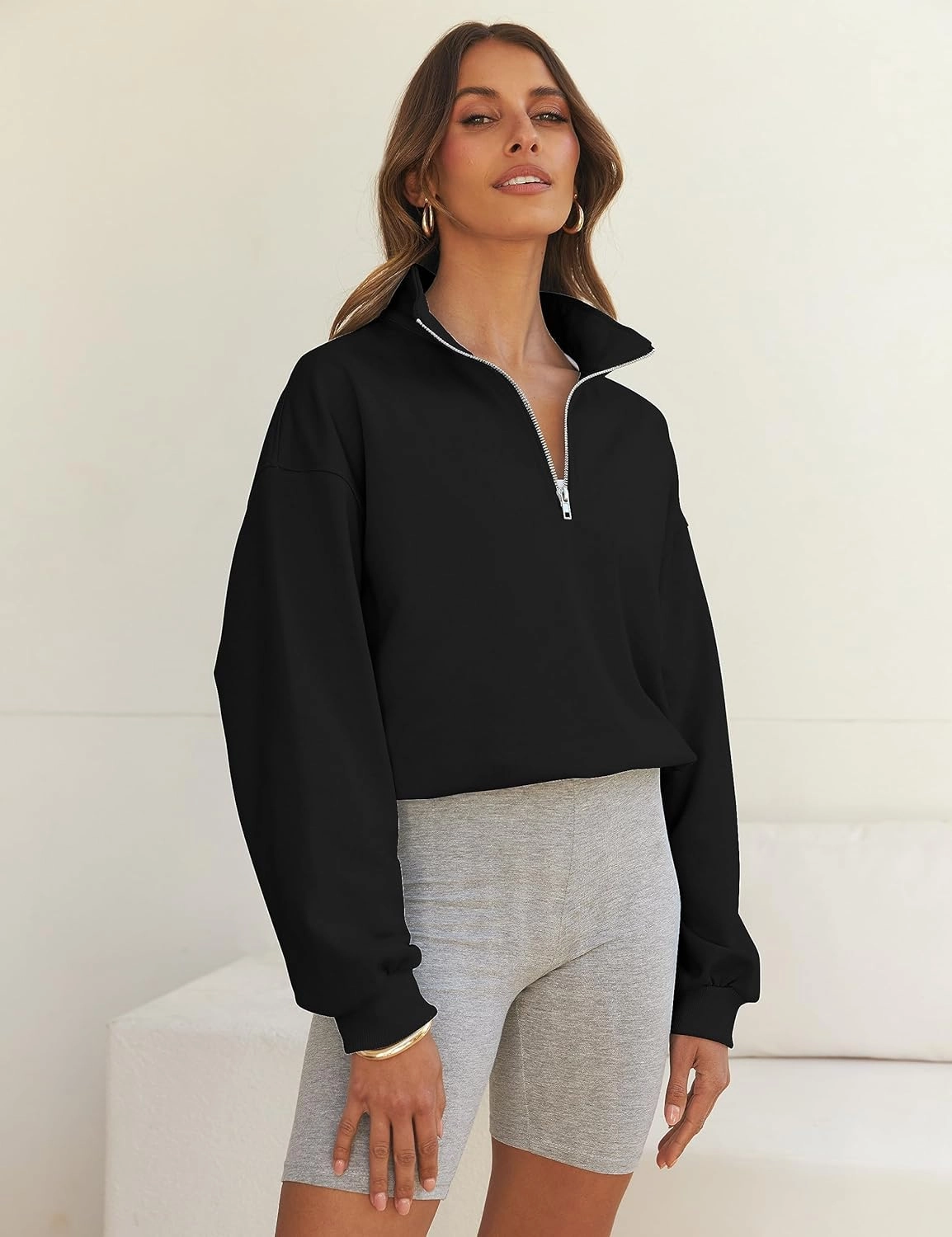 MEROKEETY Women's Quarter Zip Crop Sweatshirt Long Sleeve Stand Collar Drawstring Casual Pullover Top