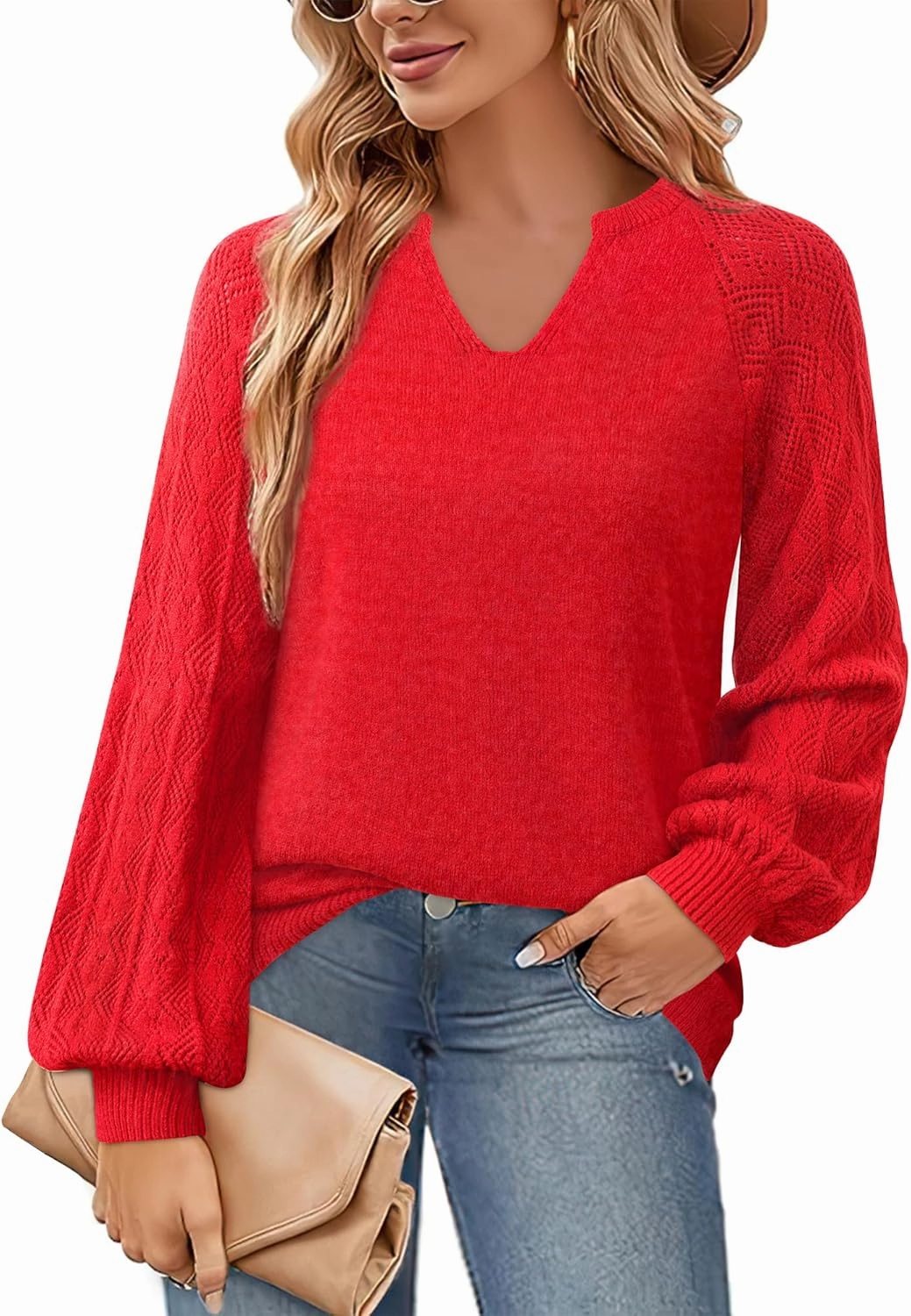 Messic Womens Pullover Sweaters 2024 Casual Long Sleeve V Neck Loose Knit Tops