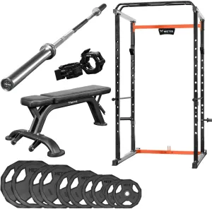 METIS Complete Gym Equipment Set - 1x Power Cage, 1x Olympic Barbell, 1x Weightlifting Bench, 2X Barbell Locking Clips, 2X 5kg, 10kg, 15kg, 20kg & 25kg