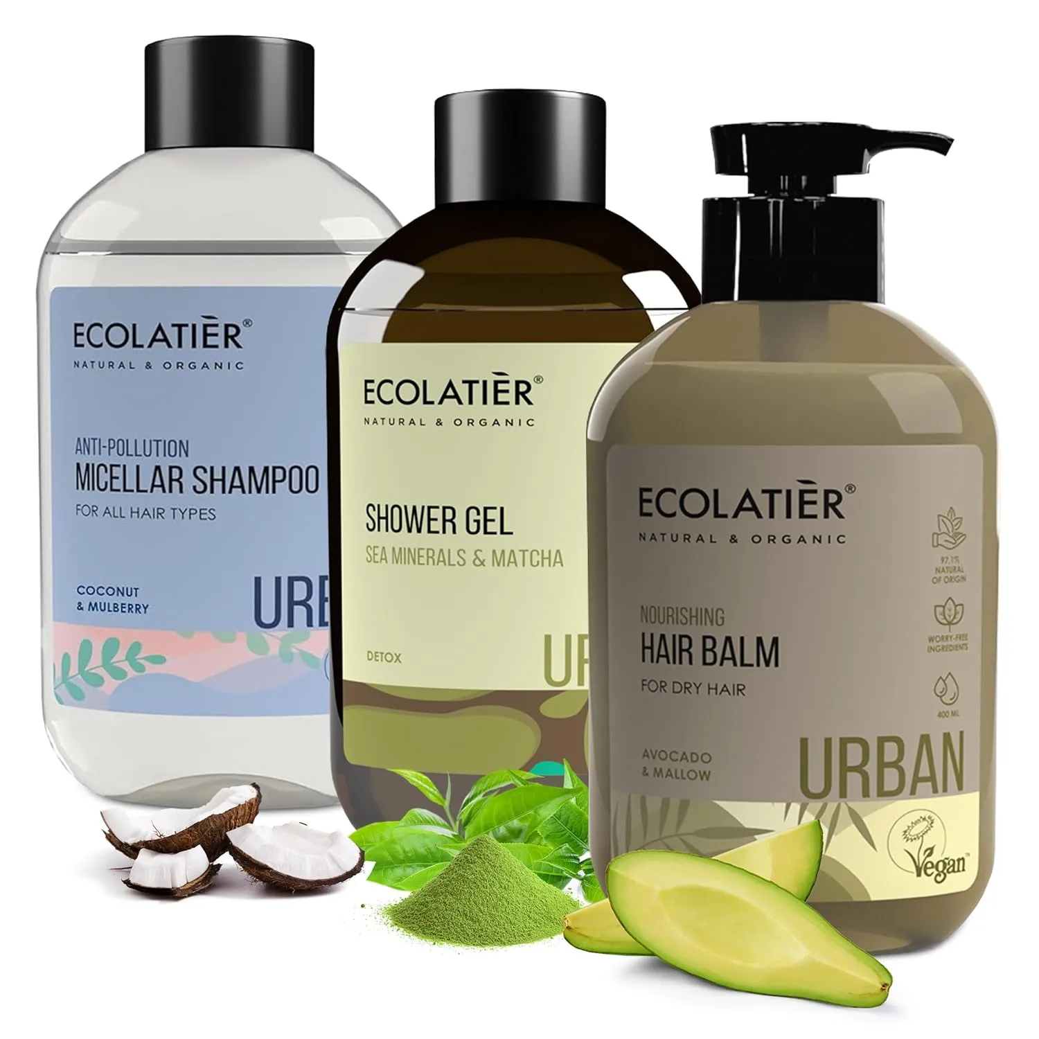 Micellar Anti-Pollution Shampoo, Sea Minerals & Matcha Shower Gel & Nourishing Hair Balm Set – Coconut Oil, Mulberry Extract, Moringa for Healthy Skin & Hair