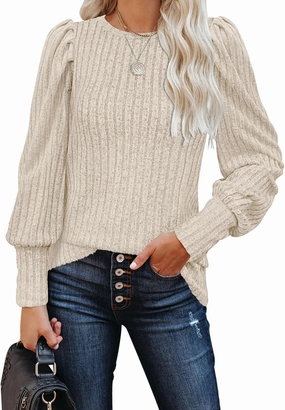 MIHOLL Women's Puff Long Sleeve Shirts Casual Knit Blouses Crew Neck Elegant Tunic Tops