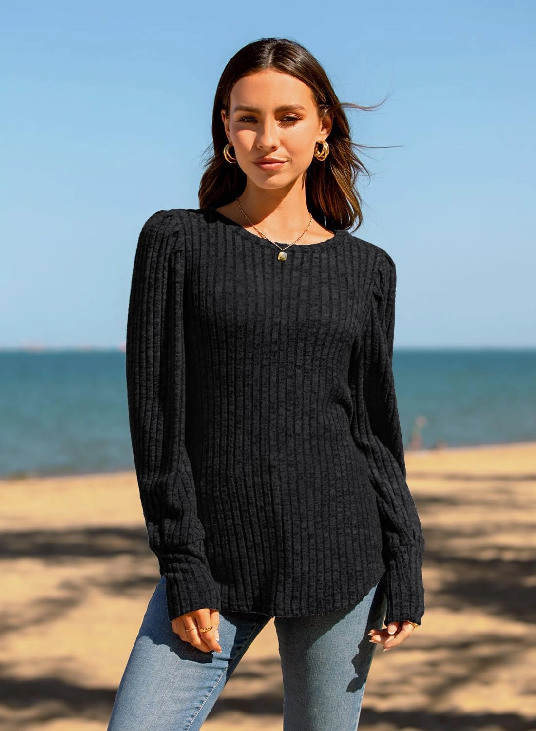 MIHOLL Women's Puff Long Sleeve Shirts Casual Knit Blouses Crew Neck Elegant Tunic Tops