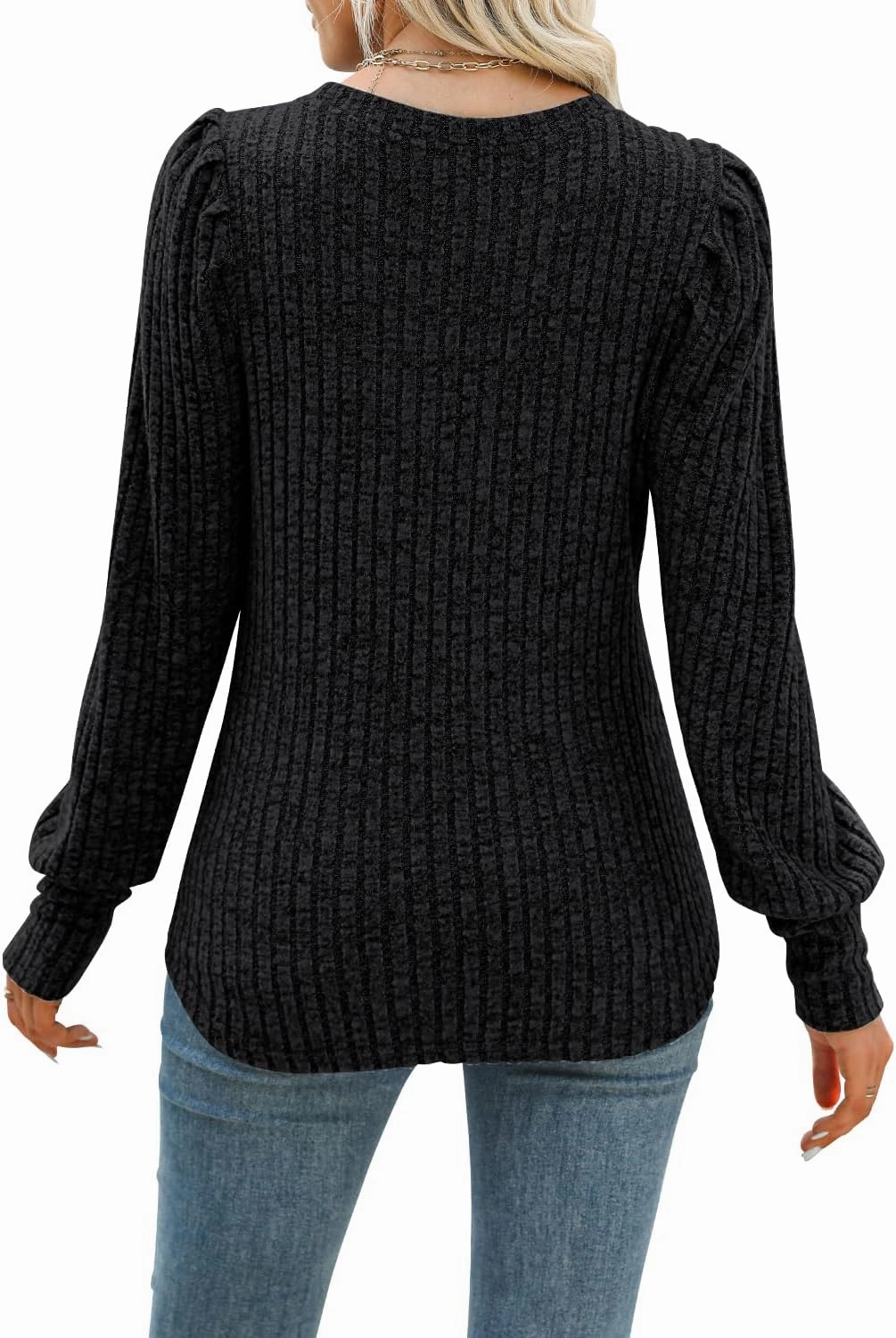 MIHOLL Women's Puff Long Sleeve Shirts Casual Knit Blouses Crew Neck Elegant Tunic Tops
