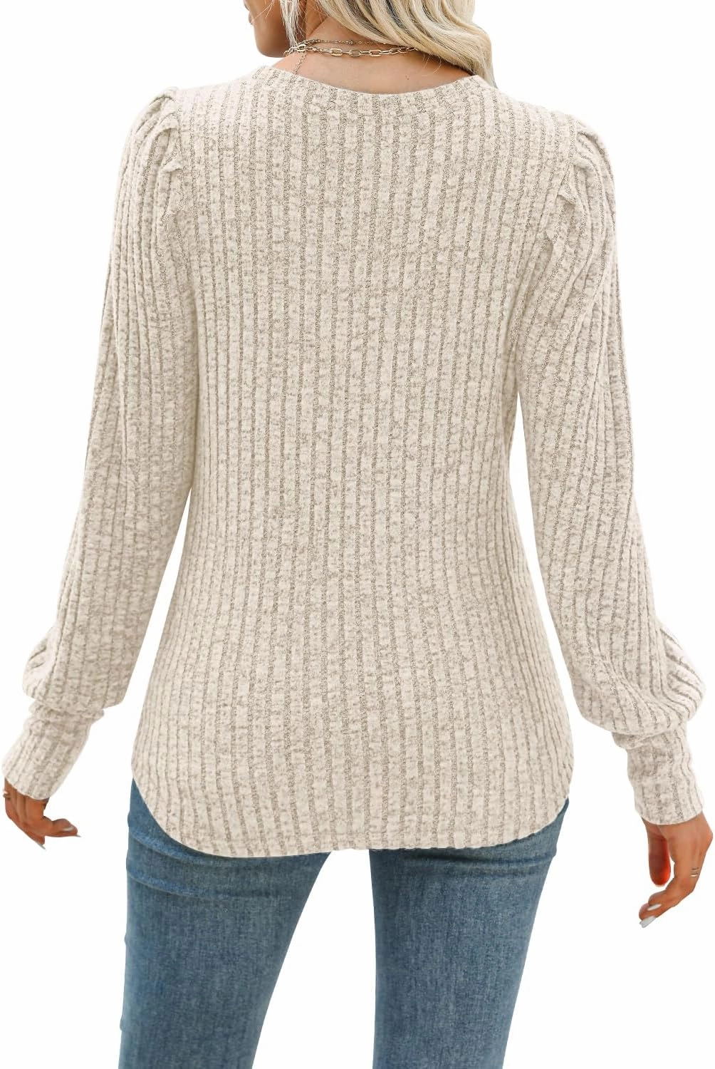 MIHOLL Women's Puff Long Sleeve Shirts Casual Knit Blouses Crew Neck Elegant Tunic Tops