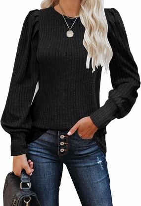 MIHOLL Women's Puff Long Sleeve Shirts Casual Knit Blouses Crew Neck Elegant Tunic Tops