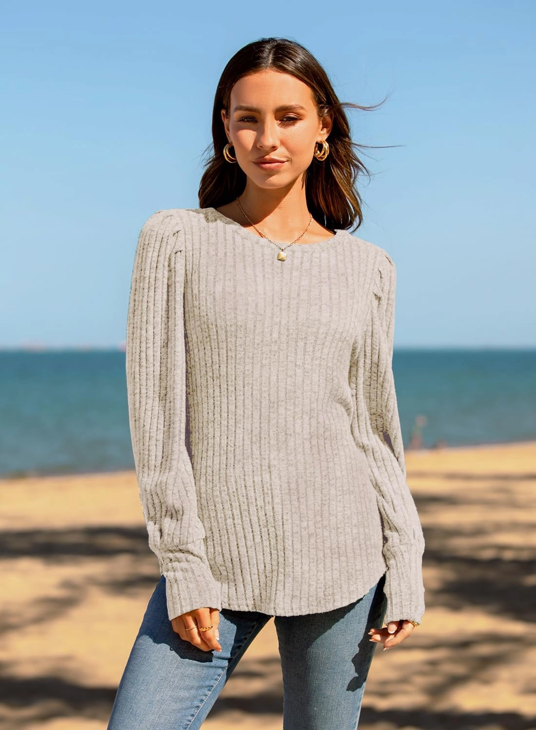 MIHOLL Women's Puff Long Sleeve Shirts Casual Knit Blouses Crew Neck Elegant Tunic Tops