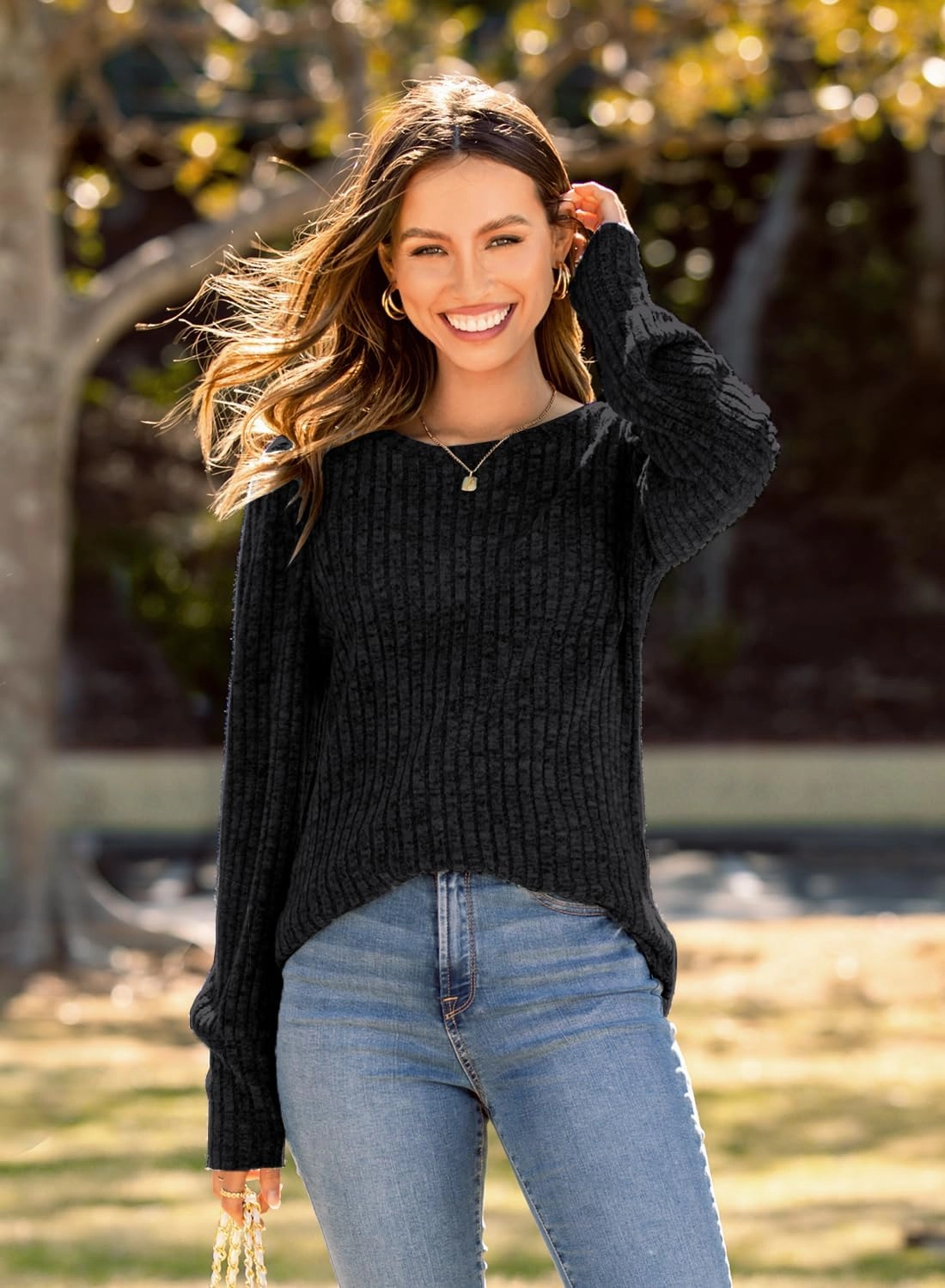 MIHOLL Women's Puff Long Sleeve Shirts Casual Knit Blouses Crew Neck Elegant Tunic Tops