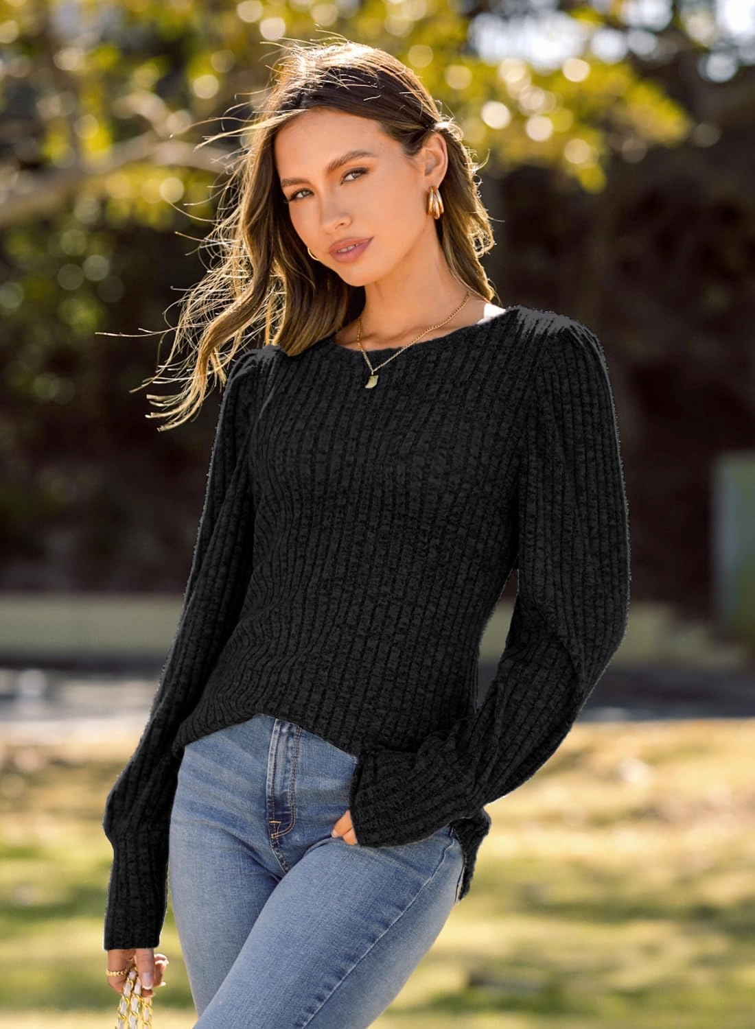 MIHOLL Women's Puff Long Sleeve Shirts Casual Knit Blouses Crew Neck Elegant Tunic Tops