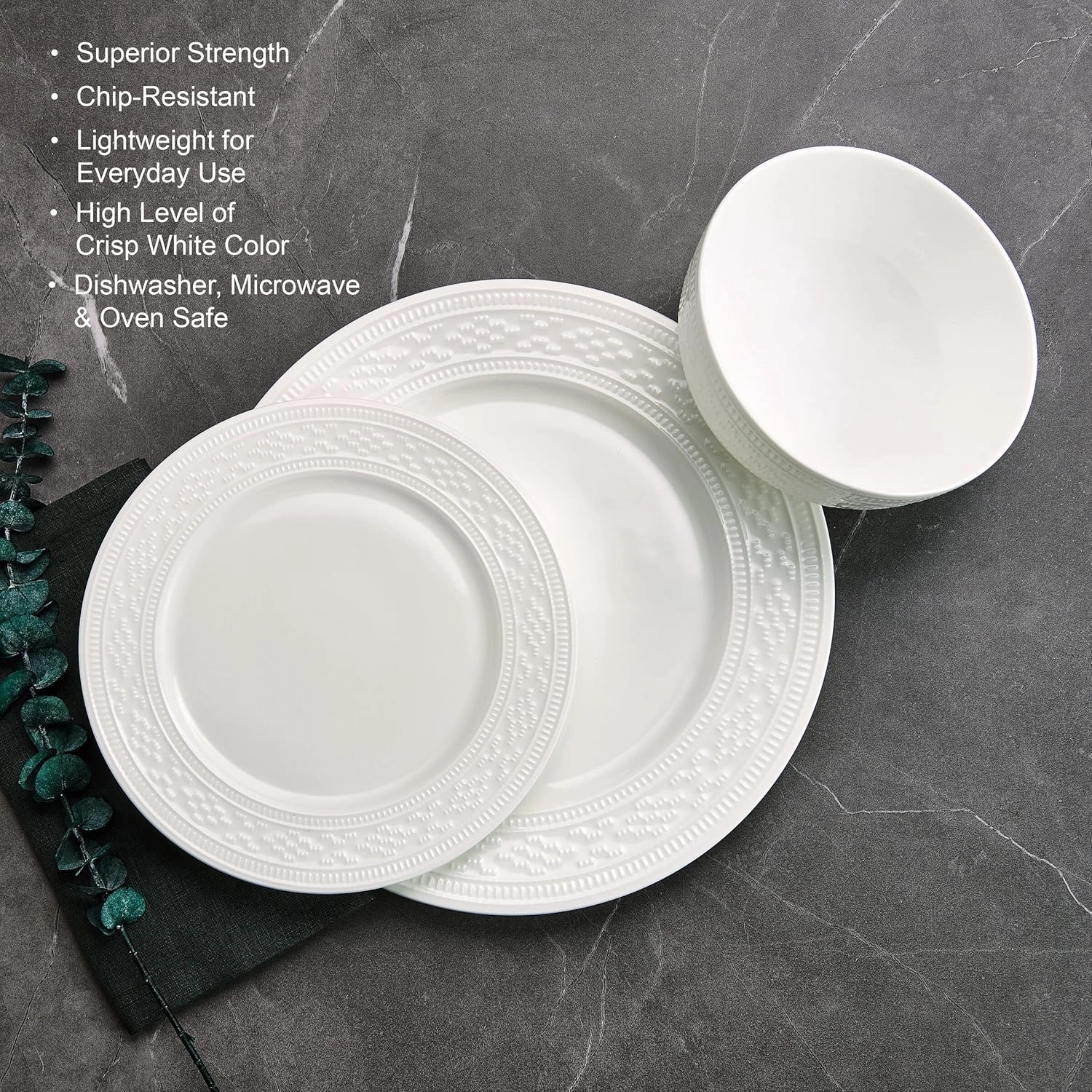 Mikasa Haven Bone China Lightweight Chip Resistant 12 Piece Dinnerware Set, Service for 4 White