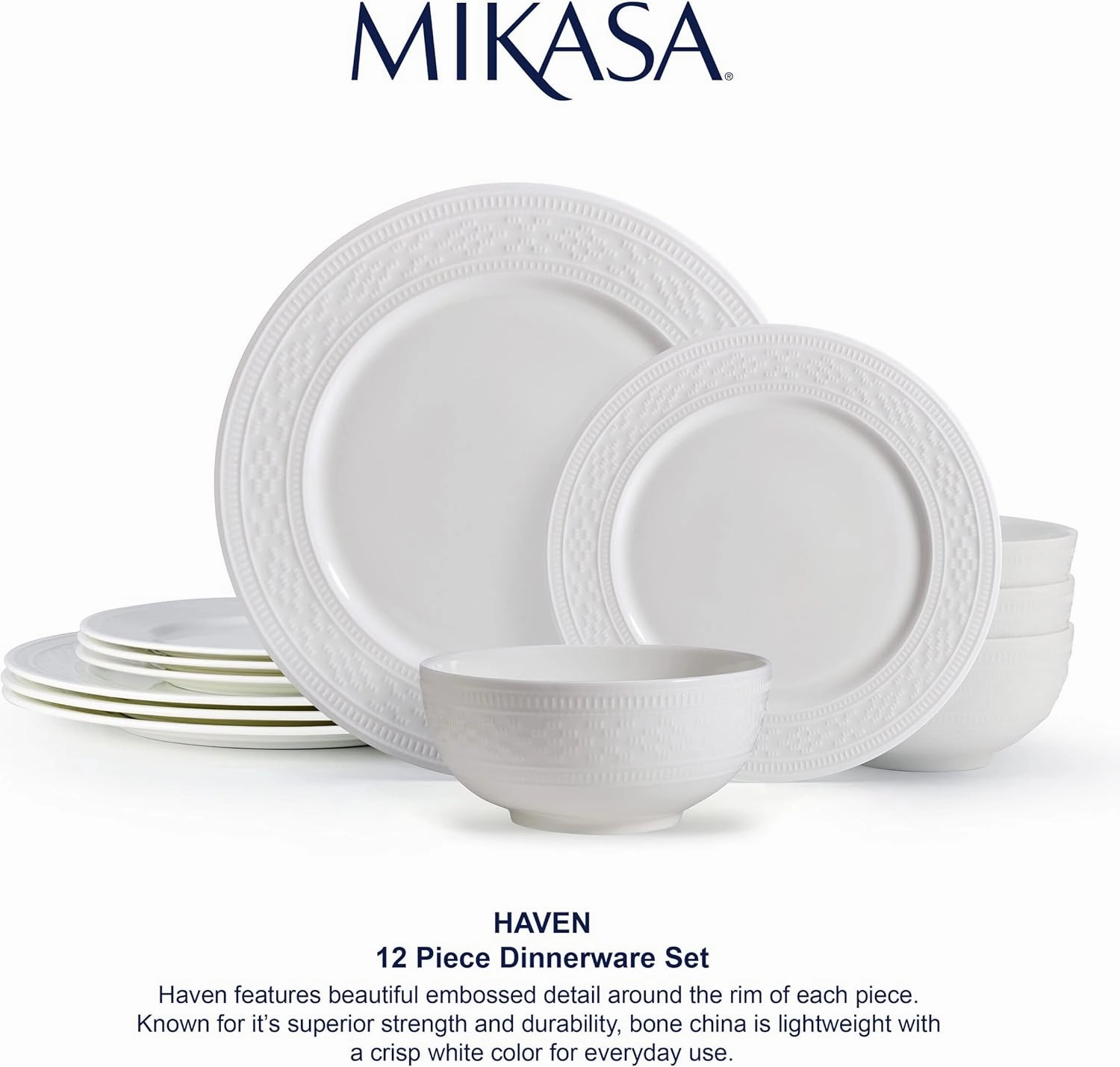Mikasa Haven Bone China Lightweight Chip Resistant 12 Piece Dinnerware Set, Service for 4 White