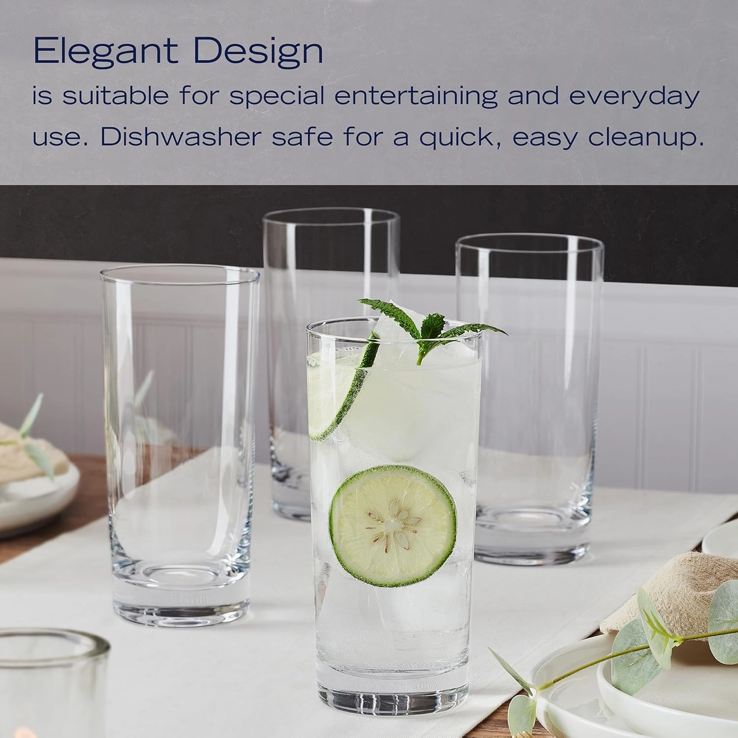 Mikasa Lana Tall Beverage Highball Glass Cups, Set of 4, 16 Ounce, Clear