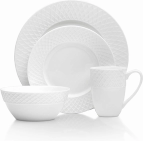 Mikasa Trellis Bone China 16 Piece Dinnerware Set, Service for 4, White