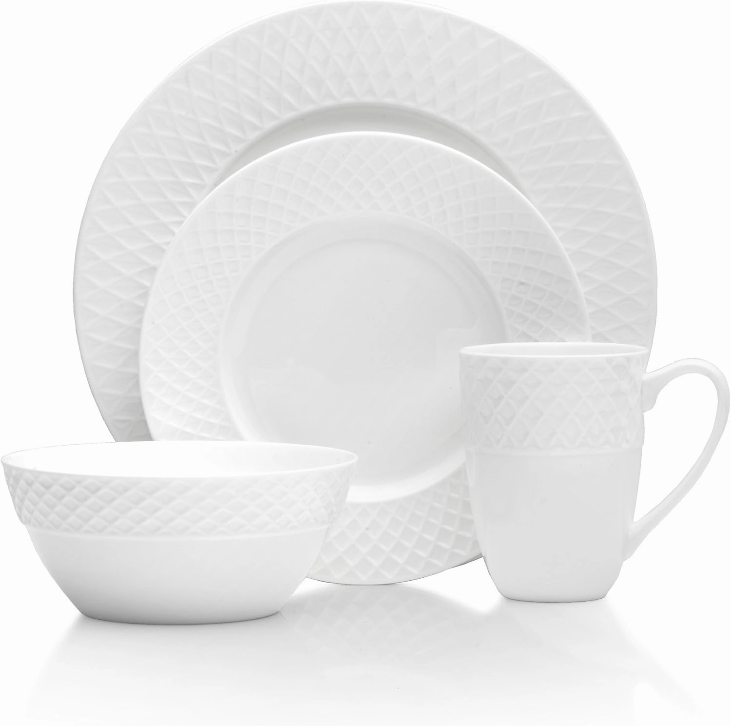 Mikasa Trellis Bone China 16 Piece Dinnerware Set, Service for 4, White