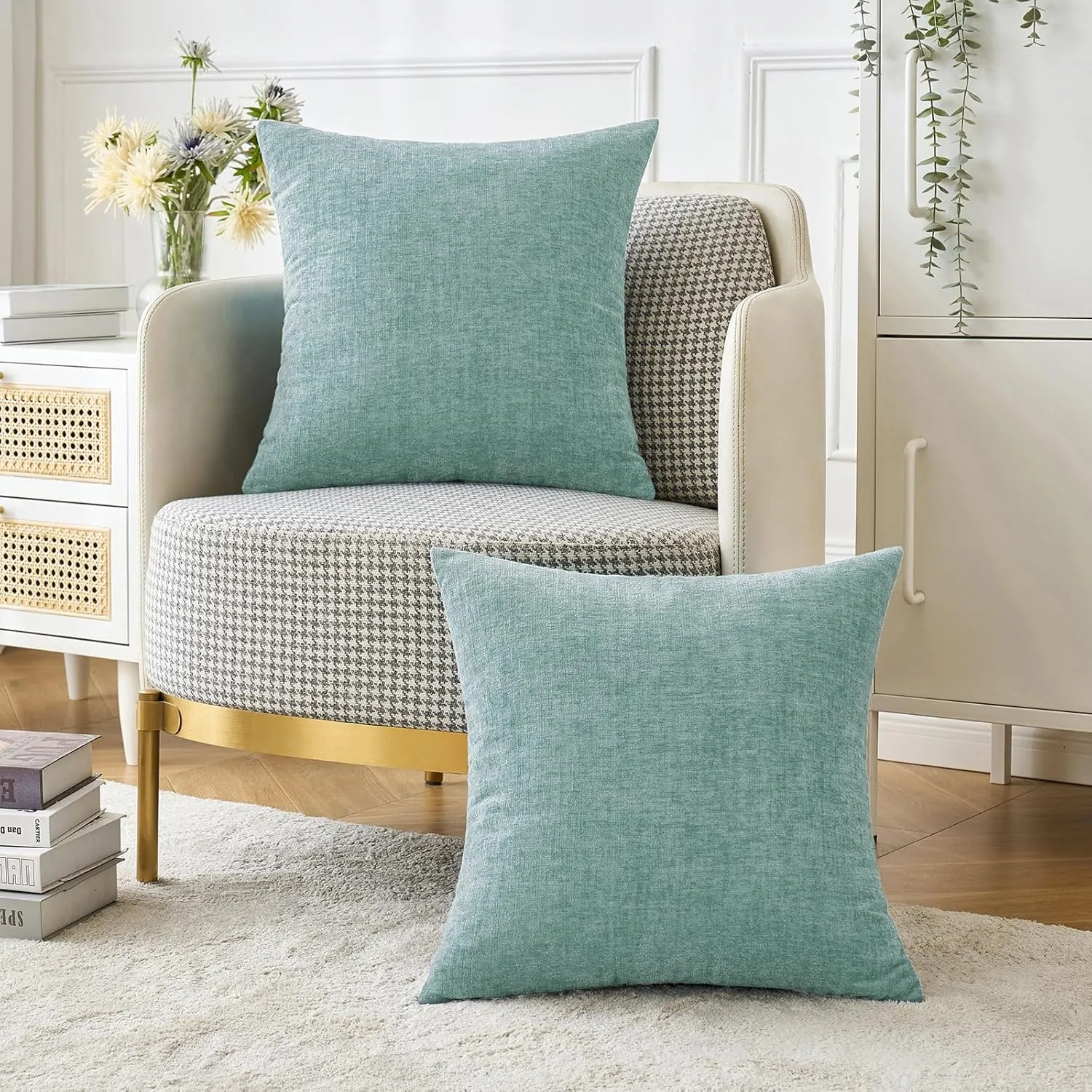 MIULEE Pack of 2 Couch Throw Pillow Covers 18x18 Inch Soft Aqua Green Chenille Pillow Covers for Sofa Living Room Solid Dyed Pillow Cases