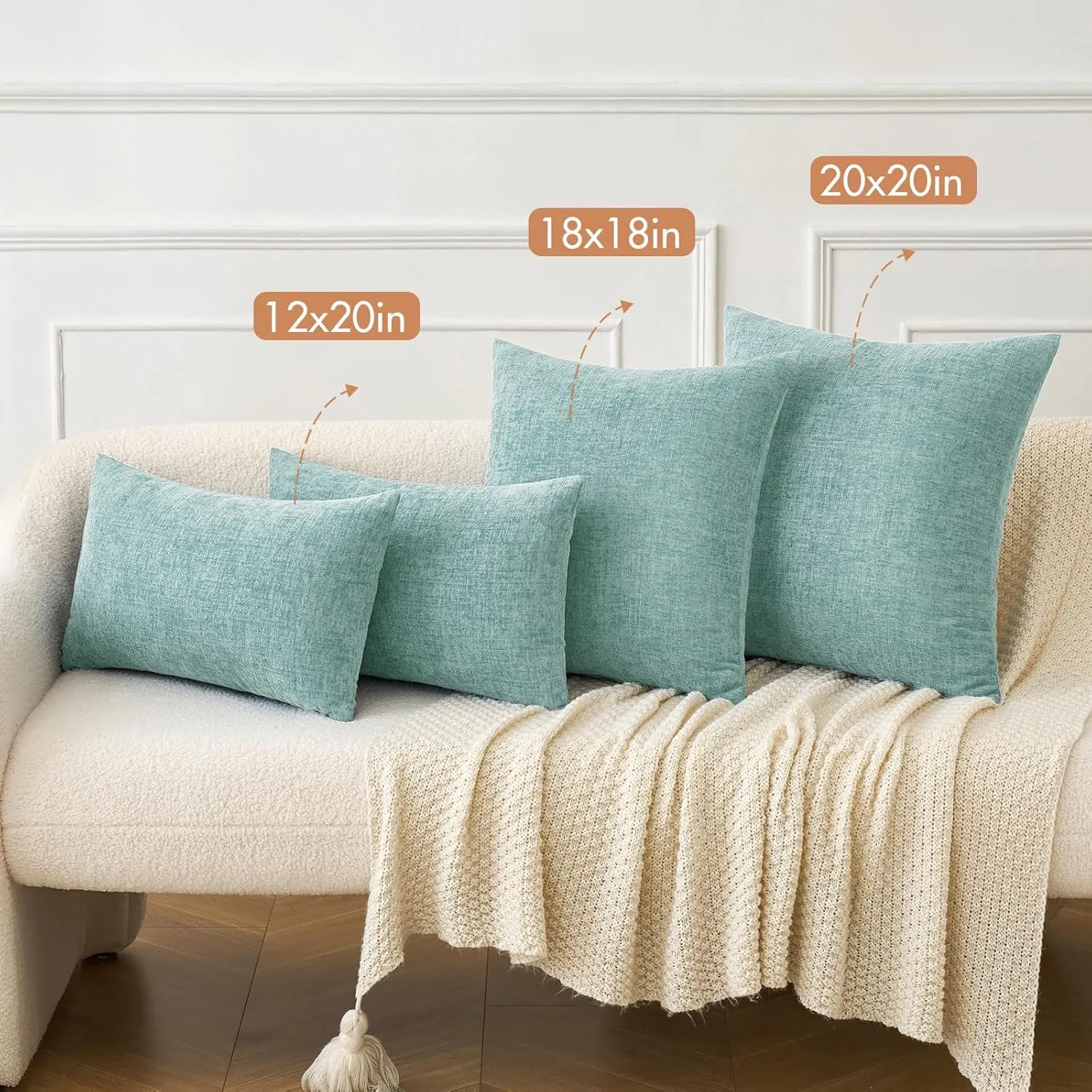 MIULEE Pack of 2 Couch Throw Pillow Covers 18x18 Inch Soft Aqua Green Chenille Pillow Covers for Sofa Living Room Solid Dyed Pillow Cases