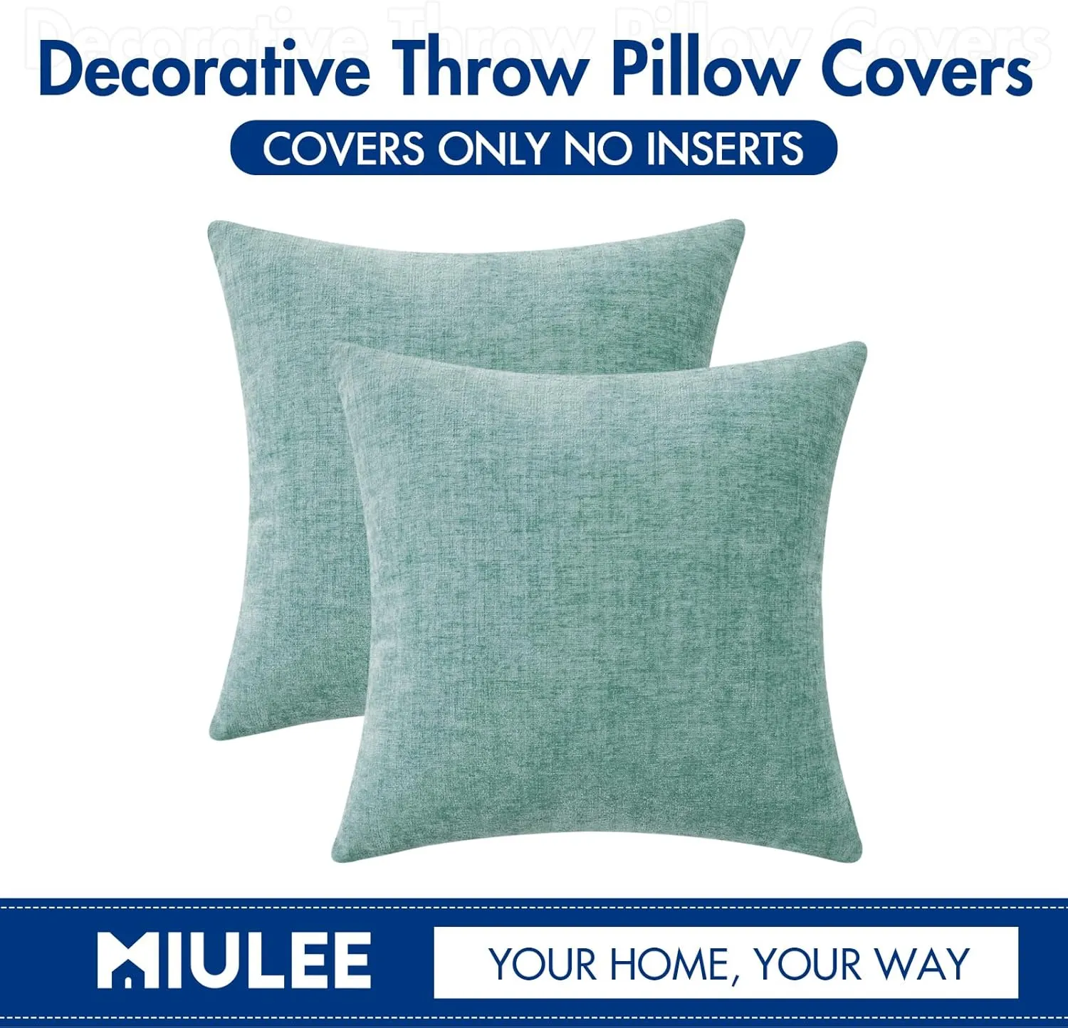 MIULEE Pack of 2 Couch Throw Pillow Covers 18x18 Inch Soft Aqua Green Chenille Pillow Covers for Sofa Living Room Solid Dyed Pillow Cases