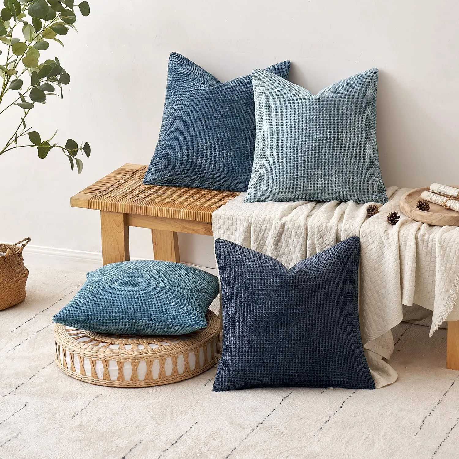 MIULEE Pack of 4 Couch Throw Pillow Covers 18x18 Inch Neutral Blue Soft Decorative Chenille Pillow Covers Farmhouse Accent Cushion Covers for Boho Western Home Decor Sofa Bedroom Living Room